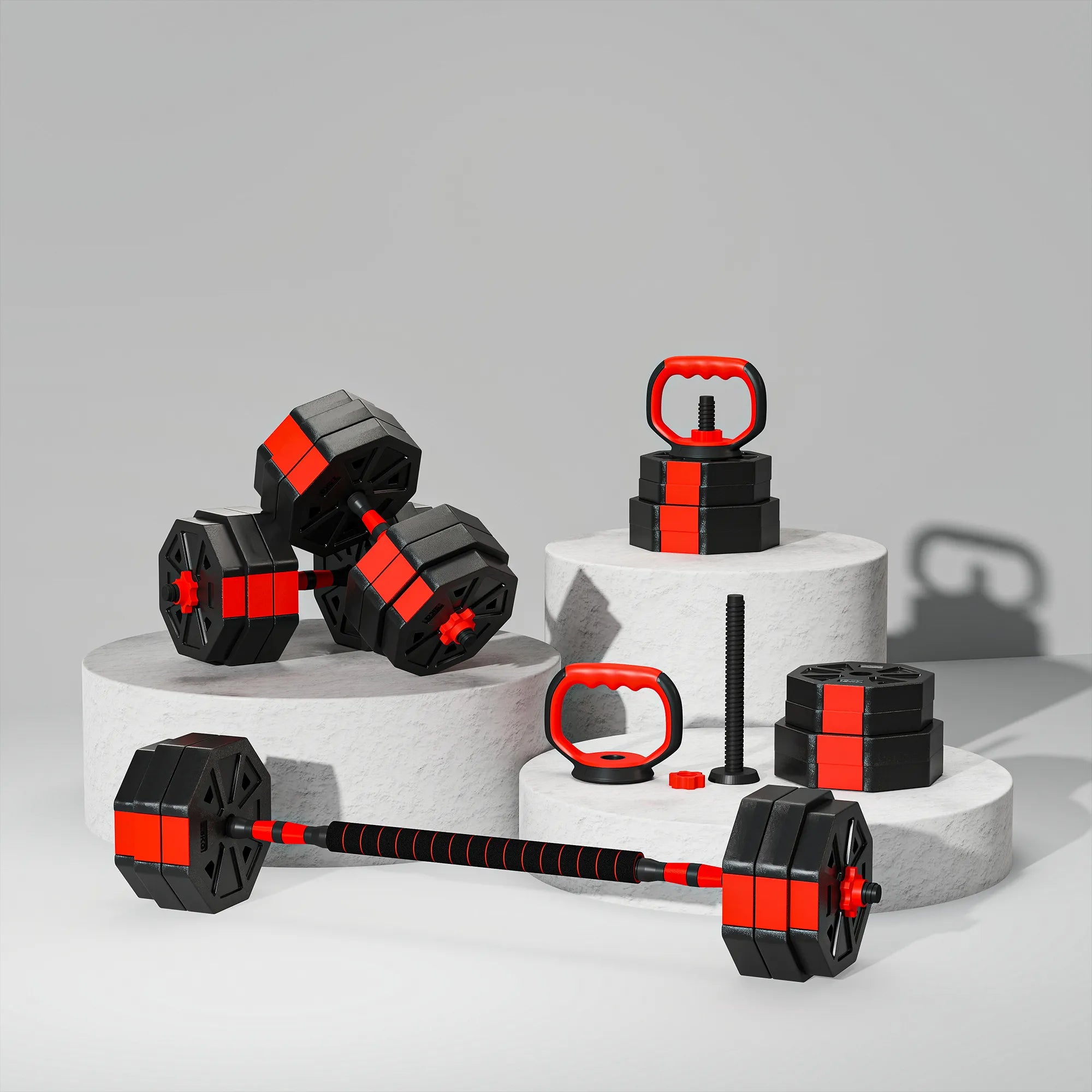 Hantelių rinkinys 6-in-1, reguliuojamas, 30 kg, raudonas