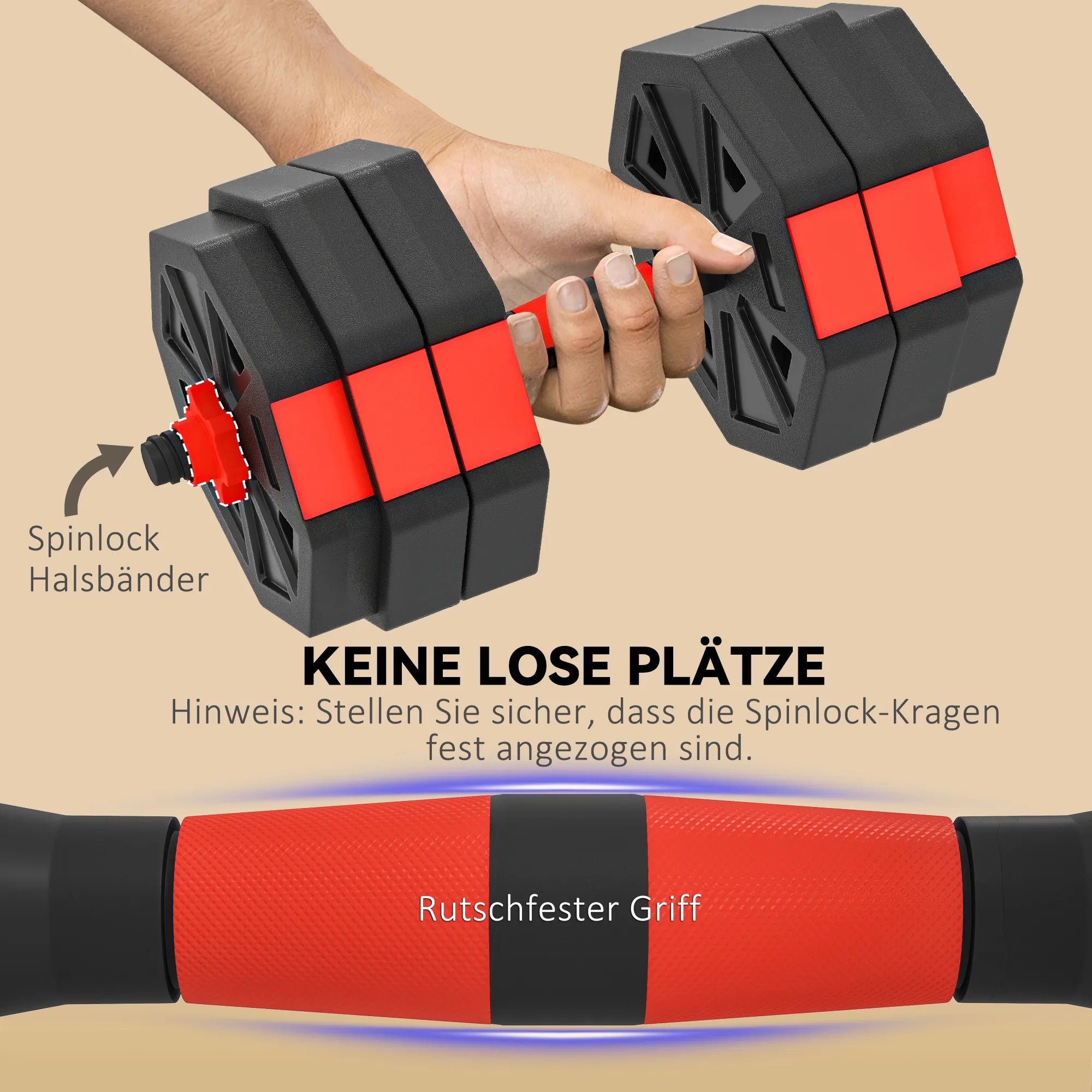 Hantelių rinkinys 6-in-1, reguliuojamas, 30 kg, raudonas