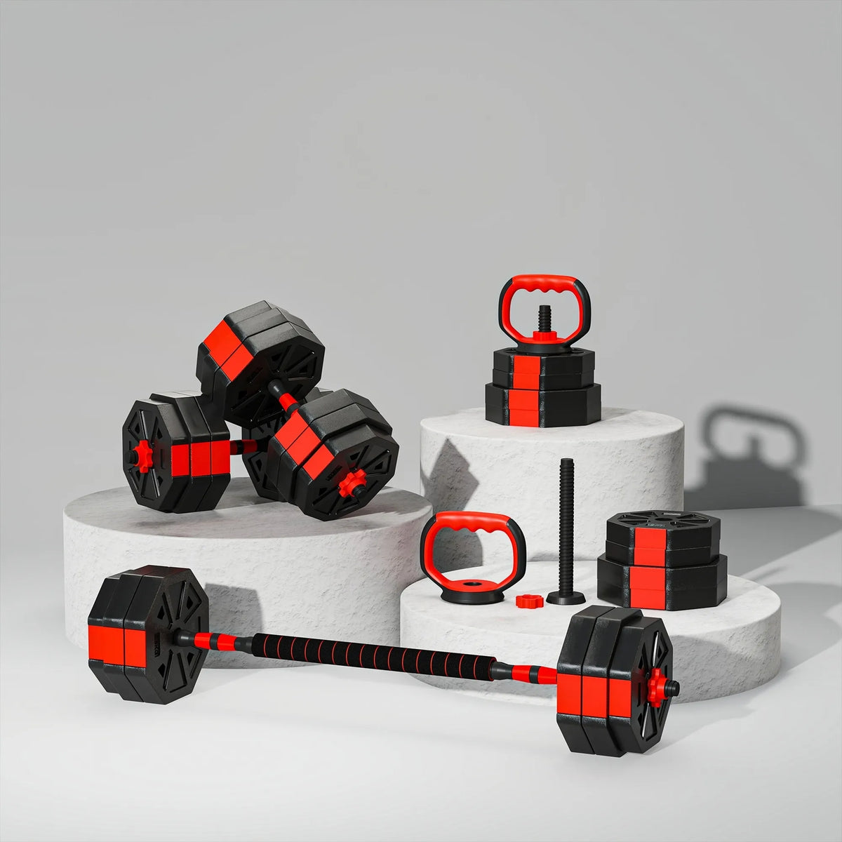 Hantelių rinkinys 6-in-1, reguliuojamas, 30 kg, raudonas