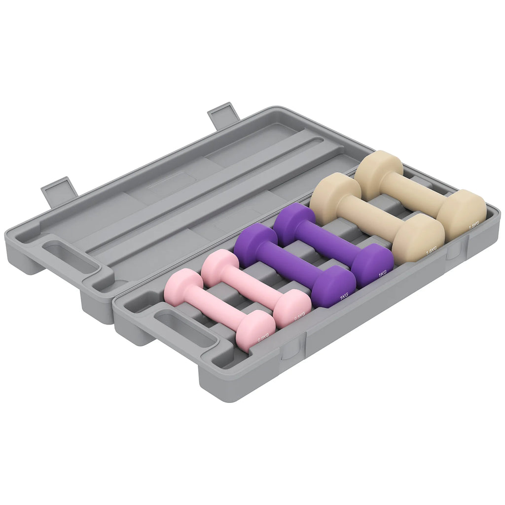 Hantelių rinkinys 6 vnt. su dėklu, 0,5–1,5 kg, rožinė/violetinė/ruda