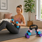 Hantelių rinkinys su stovu, 14 kg, rožinė, šviesiai mėlyna ir violetinė