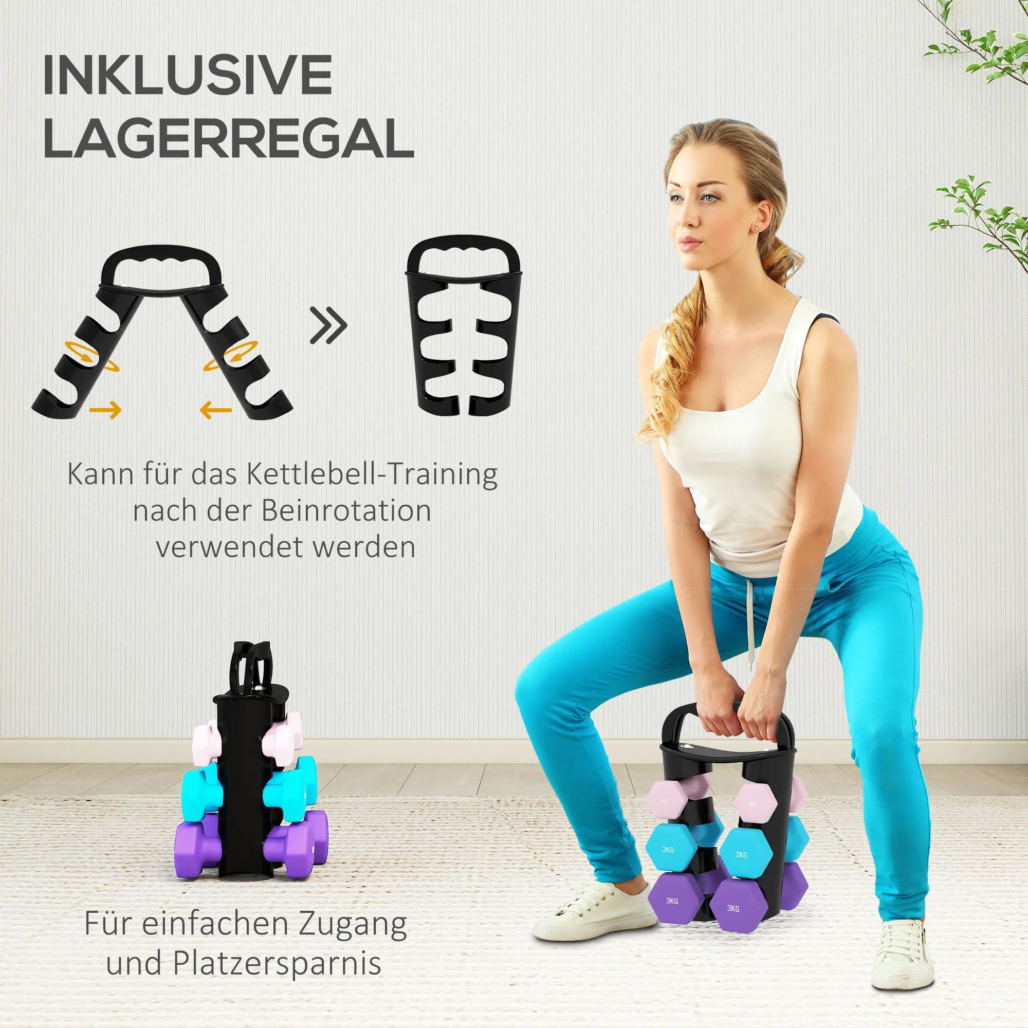 Hantelių rinkinys su stovu, 14 kg, rožinė, šviesiai mėlyna ir violetinė