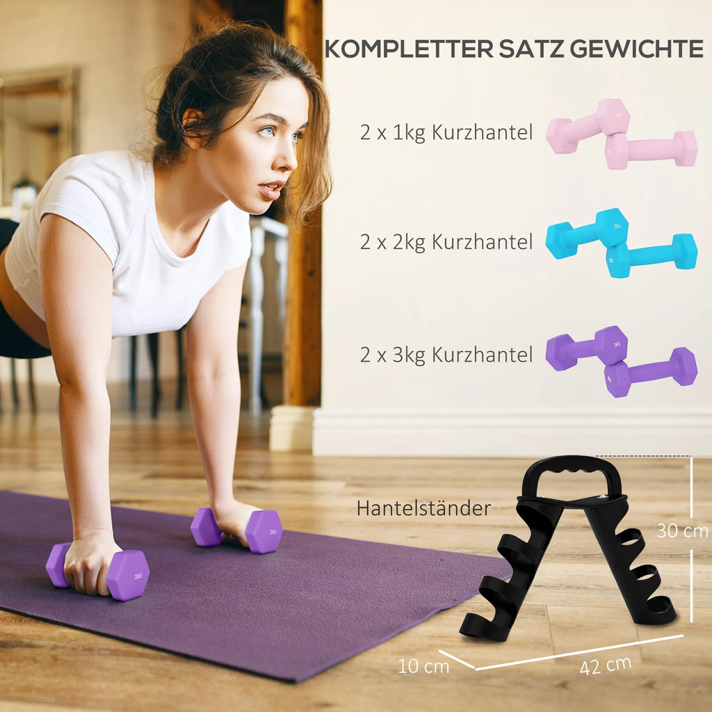Hantelių rinkinys su stovu, 14 kg, rožinė, šviesiai mėlyna ir violetinė