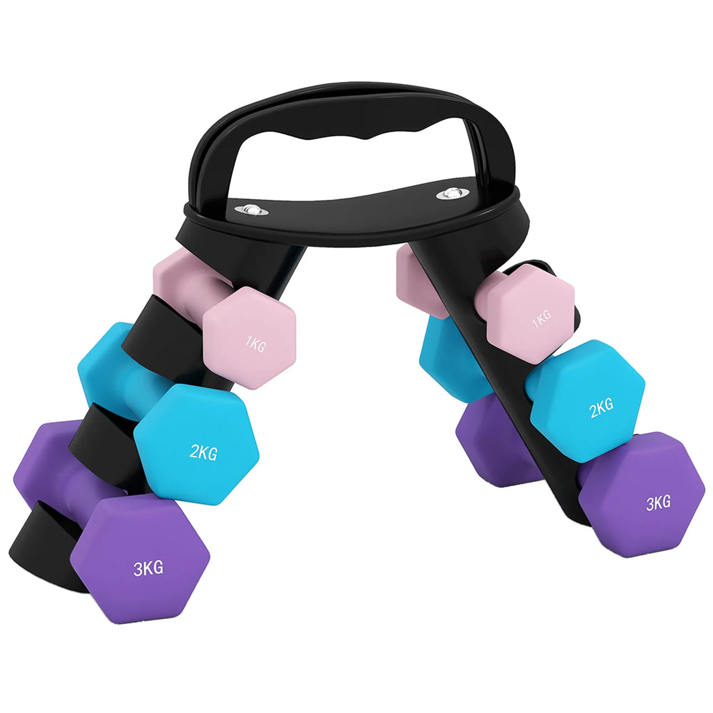 Hantelių rinkinys su stovu, 14 kg, rožinė, šviesiai mėlyna ir violetinė