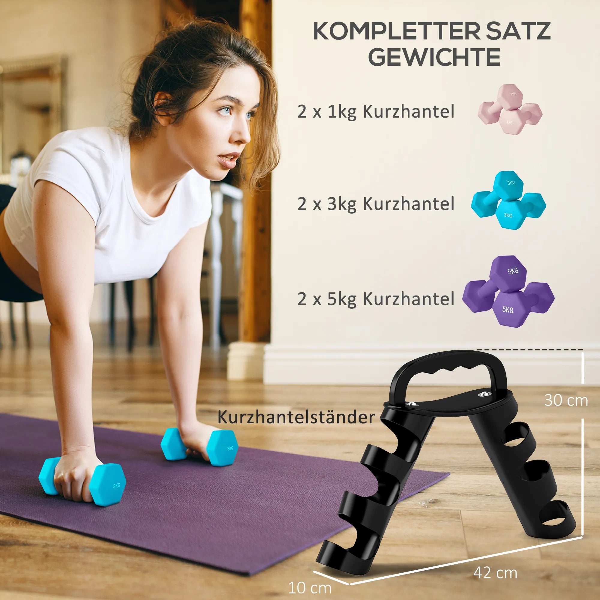 Hantelių rinkinys su stovu, 20,5 kg, spalvotas
