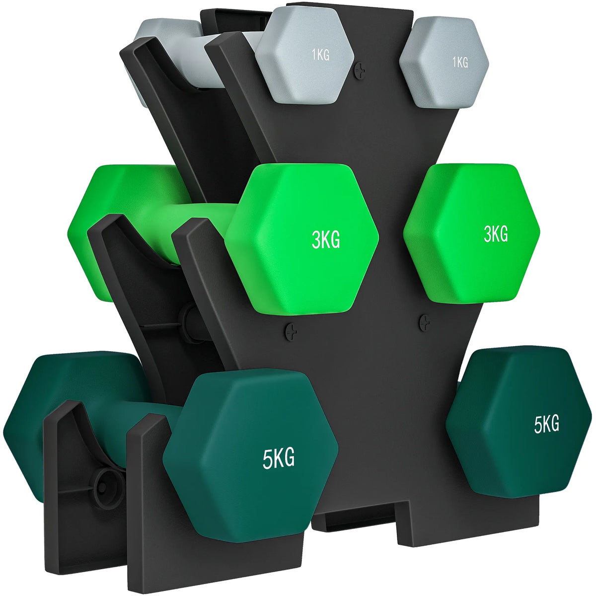 Hantelių rinkinys su stovu – 6 vnt. (1 kg, 3 kg, 5 kg), pilka/žalia