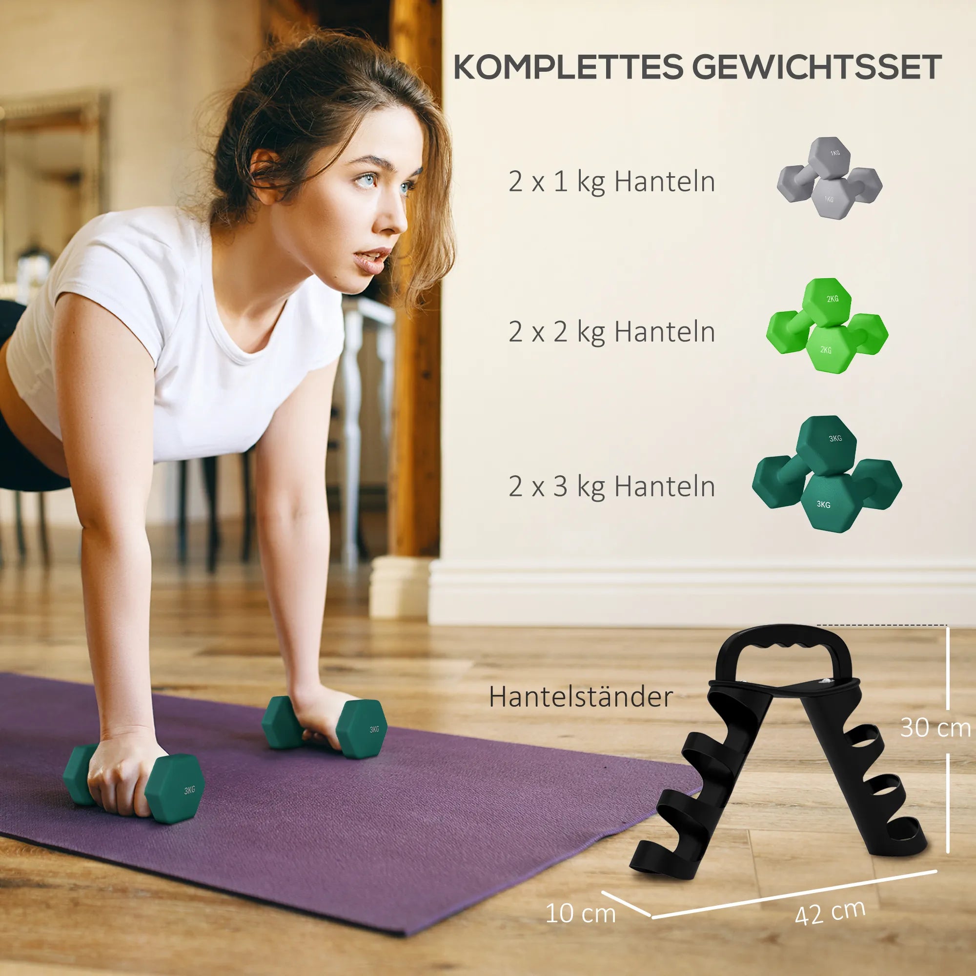 Hantelių rinkinys su stovu 6 vnt. metalo plastiko 1-3 kg