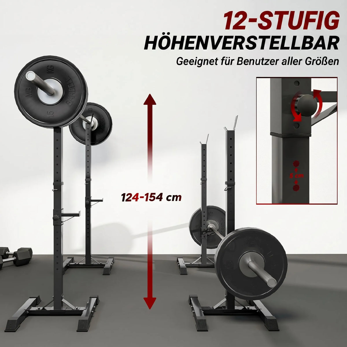 Hantelių stovai, 2 vnt., iki 150 kg, reguliuojamo aukščio, 52 × 48 × 160 cm