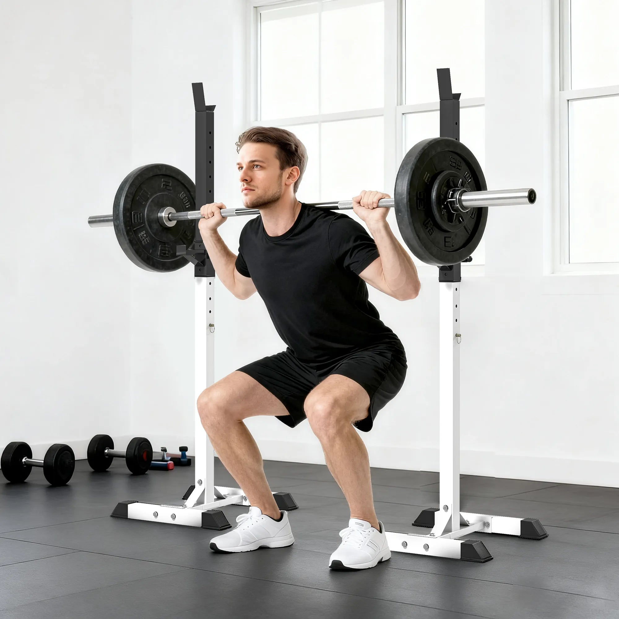 Hantelių stovas 2 vnt., iki 150 kg, reguliuojamas, baltas/juodas