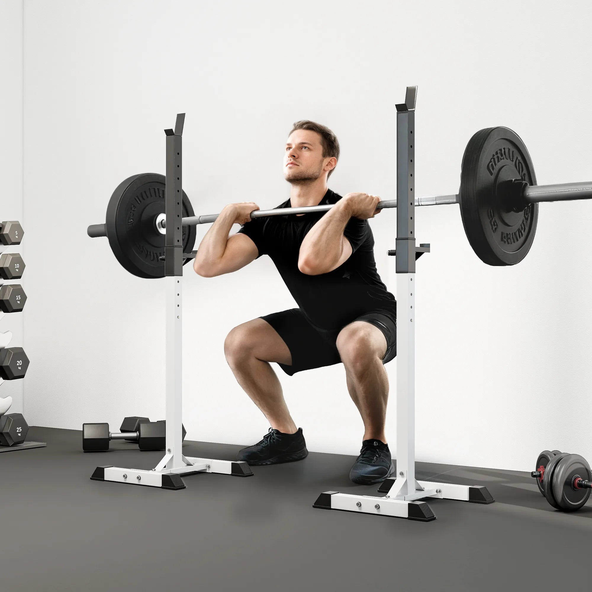 Hantelių stovas 2 vnt., iki 150 kg, reguliuojamas, baltas/juodas