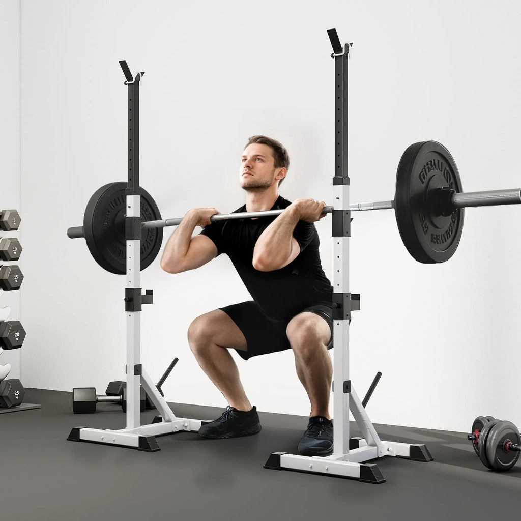 Hantelių stovų komplektas, 2 vnt., 3 lygių, reguliuojamo aukščio, iki 200 kg, sidabrinės ir juodos spalvos