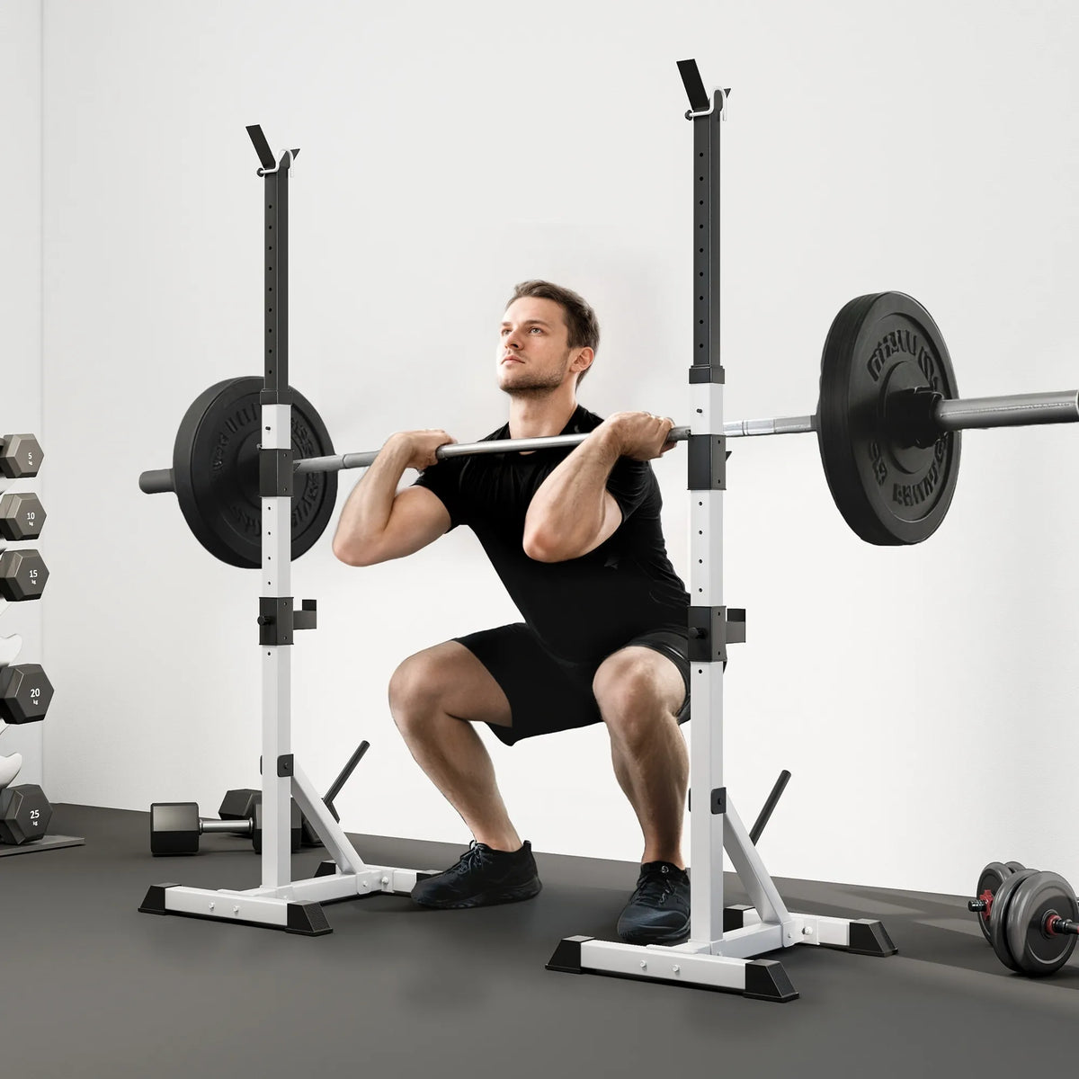 Hantelių stovų komplektas, 2 vnt., 3 lygių, reguliuojamo aukščio, iki 200 kg, sidabrinės ir juodos spalvos