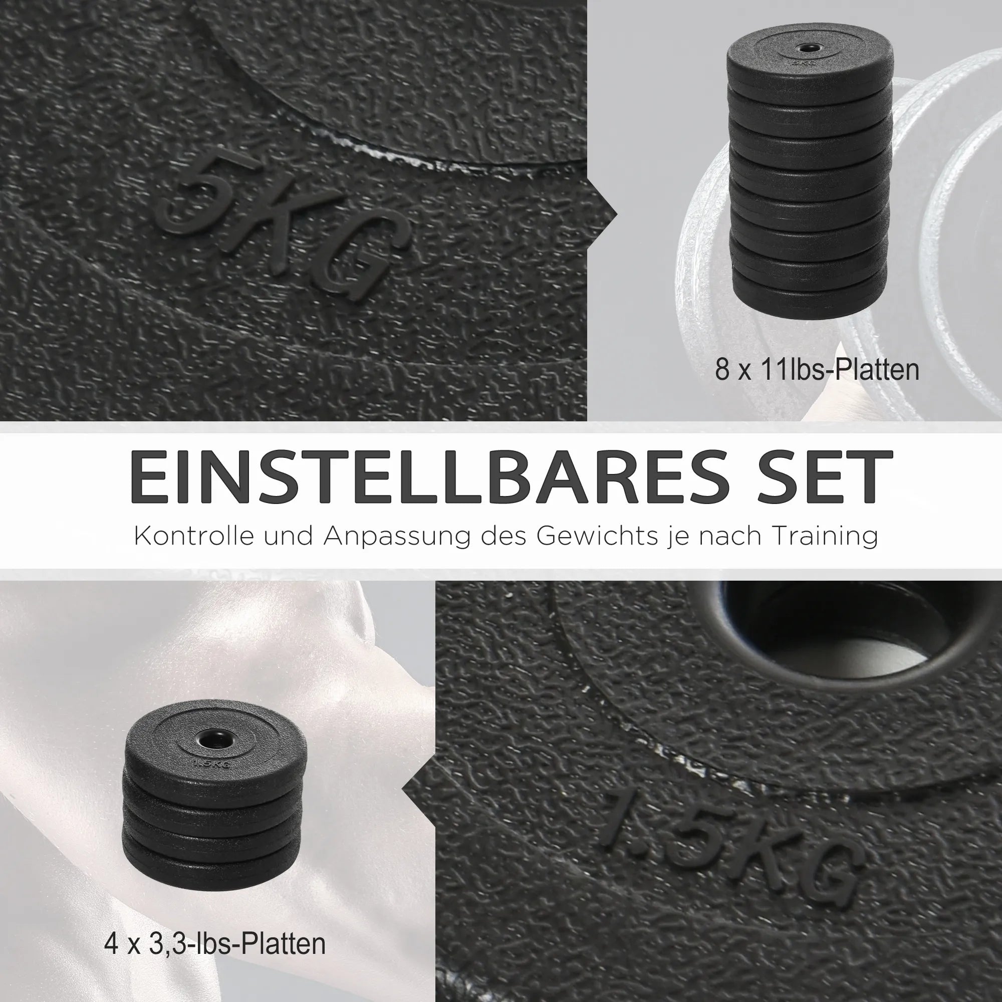 Hantelų rinkinys 8 x 5 kg, 4 x 1,5 hantelų diskai su plastiko apvalkalu, nepažeidžia grindų, juodi
