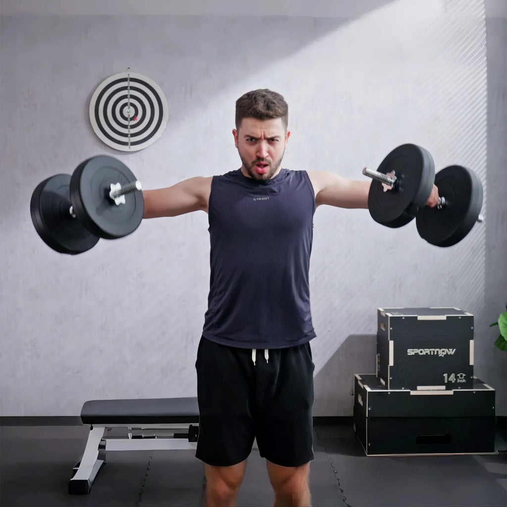Hantelų rinkinys 8 x 5 kg, 4 x 1,5 hantelų diskai su plastiko apvalkalu, nepažeidžia grindų, juodi