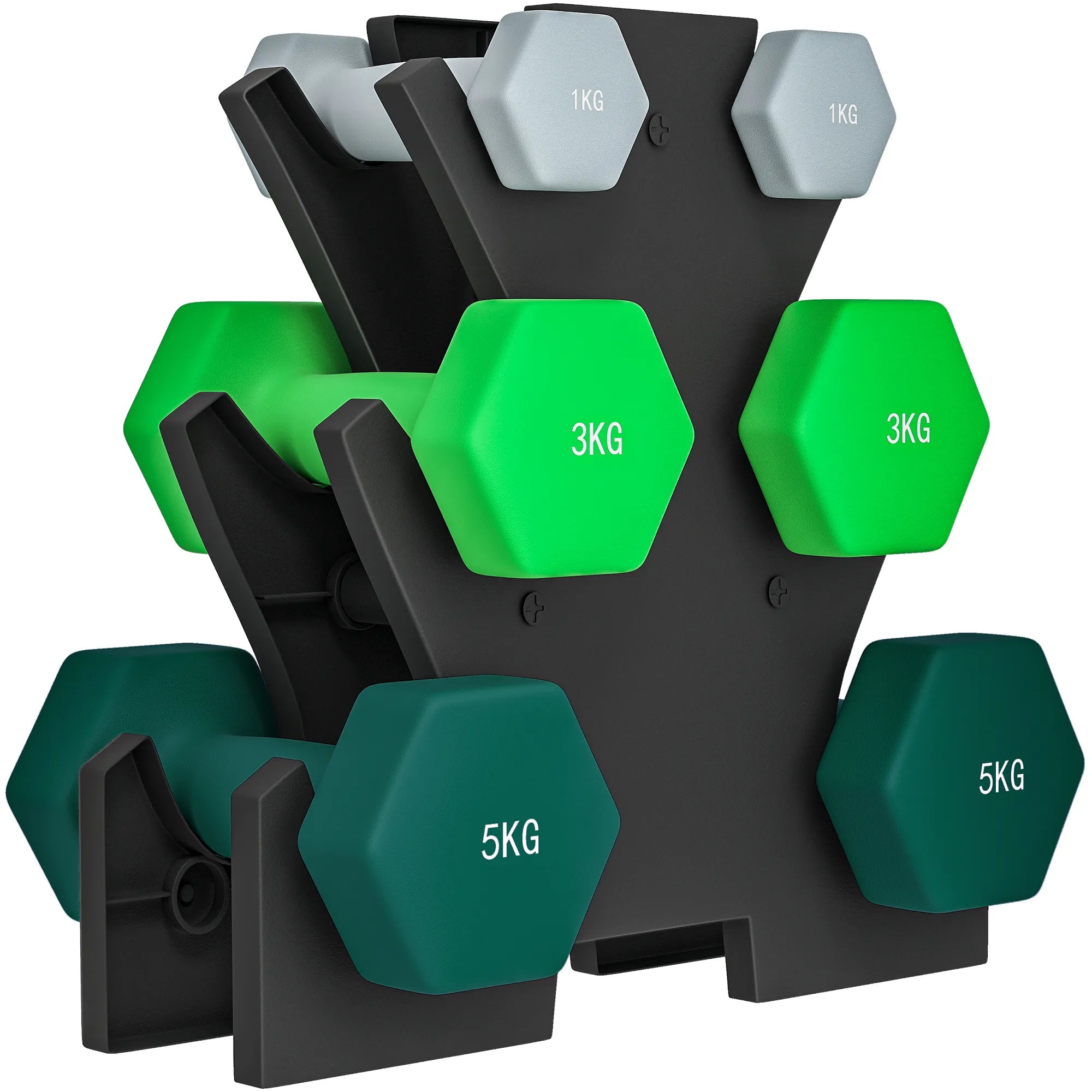 Hantelų rinkinys su laikymo stovu, rinkinys su 6 hanteliais fitneso treniruotėms, 2 x 1 kg, 2 x 3 kg, 2 x 5 kg