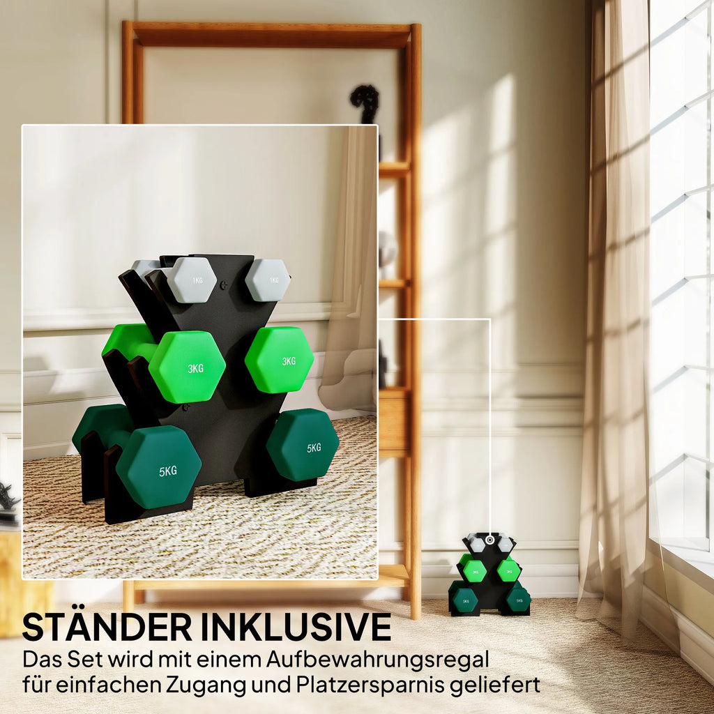 Hantelų rinkinys su laikymo stovu, rinkinys su 6 hanteliais fitneso treniruotėms, 2 x 1 kg, 2 x 3 kg, 2 x 5 kg