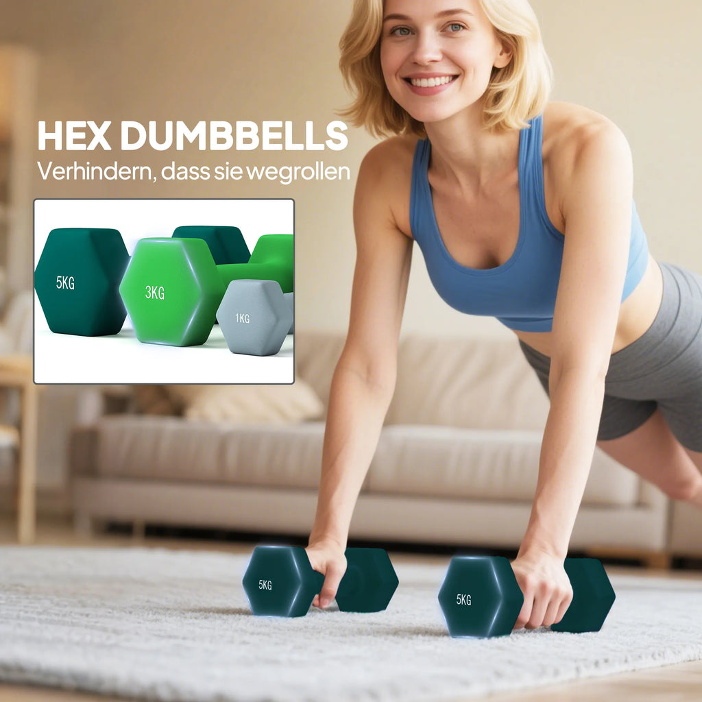 Hantelų rinkinys su laikymo stovu, rinkinys su 6 hanteliais fitneso treniruotėms, 2 x 1 kg, 2 x 3 kg, 2 x 5 kg