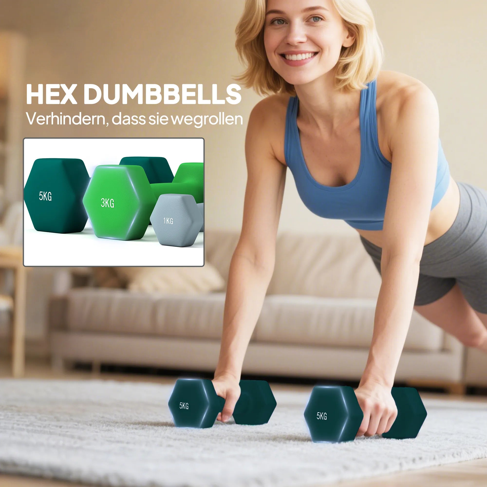Hantelų rinkinys su laikymo stovu, rinkinys su 6 hanteliais fitneso treniruotėms, 2 x 1 kg, 2 x 3 kg, 2 x 5 kg
