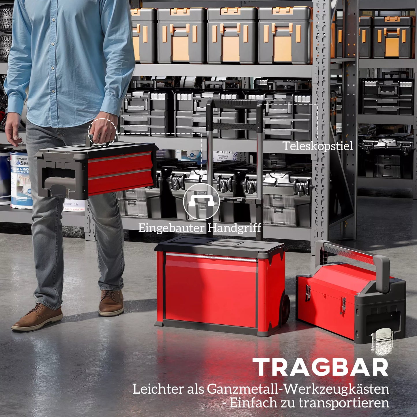 3 pakopų įrankių dėžių rinkinys su ratukais, sujungiamas, plienas, plastikas