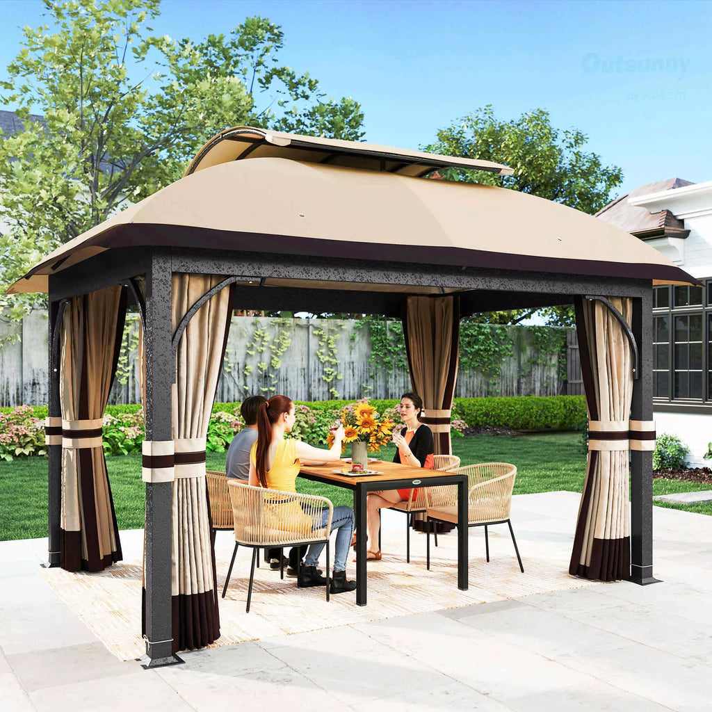 Sodo paviljonas, 3,3 x 4 m Sodo palapinė su tinklinėmis užuolaidomis, dviejų pakopų stogas, dirbtinės odos danga, metalinis rėmas, chaki spalvos