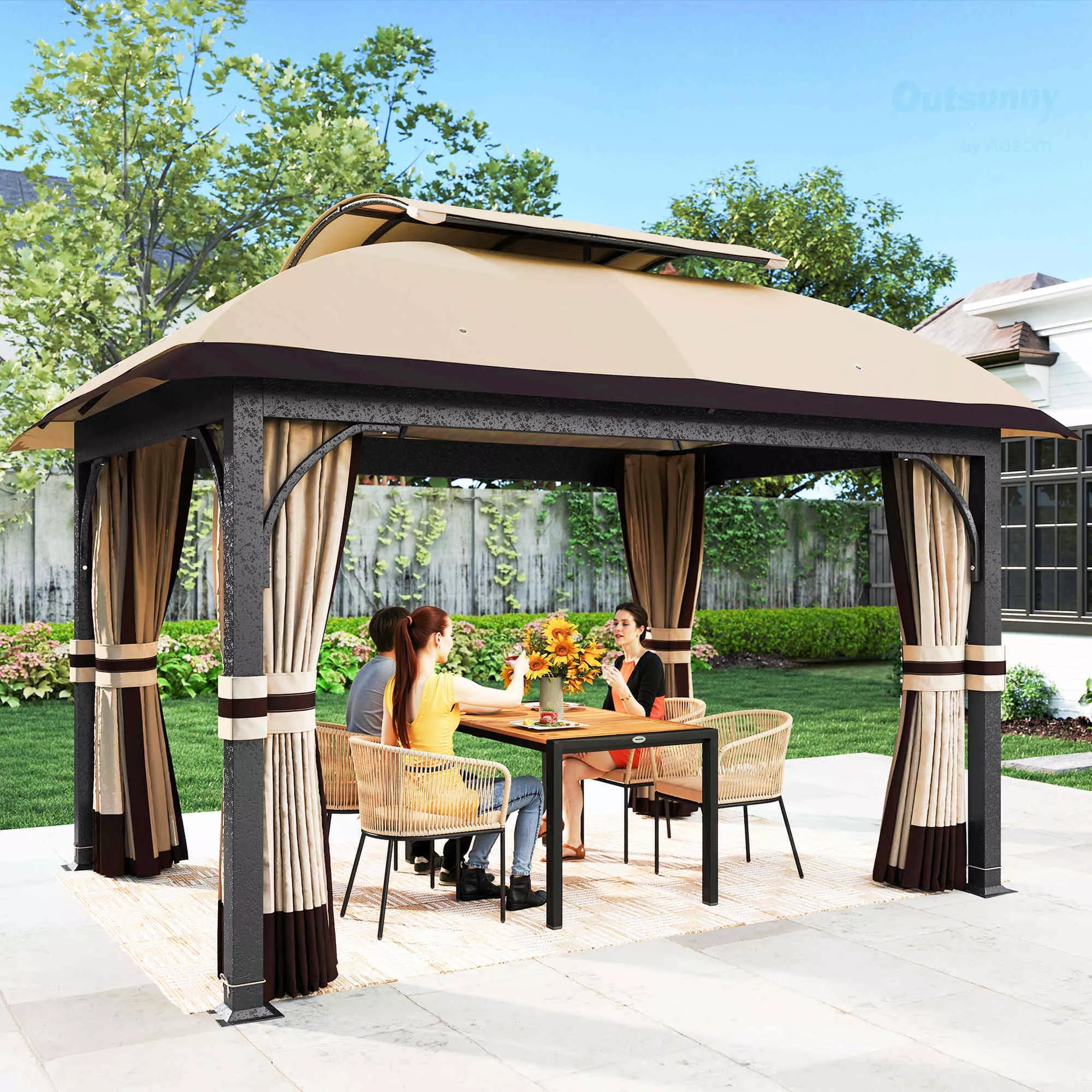 Sodo paviljonas, 3,3 x 4 m Sodo palapinė su tinklinėmis užuolaidomis, dviejų pakopų stogas, dirbtinės odos danga, metalinis rėmas, chaki spalvos