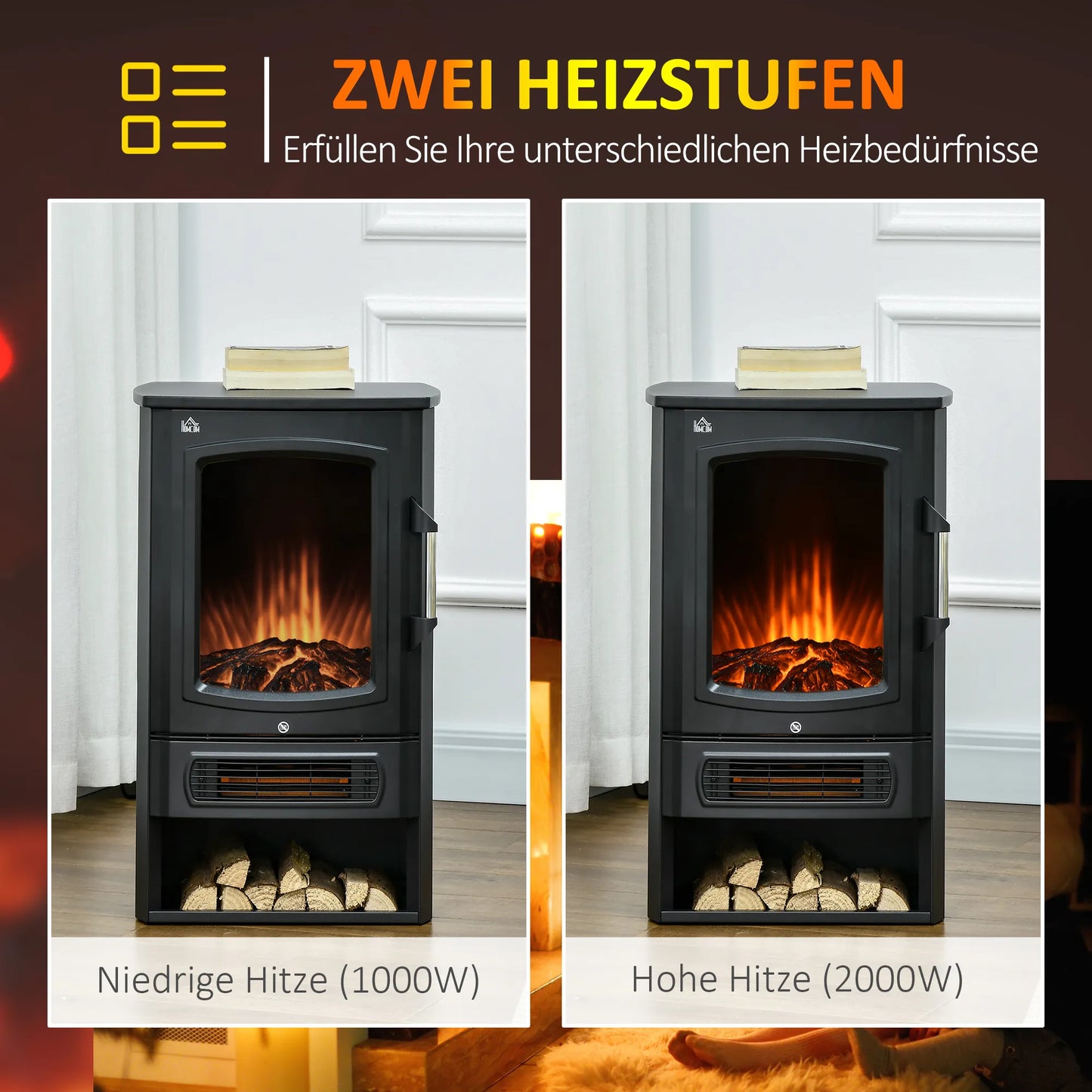 Elektrinis židinys, realistiški liepsnos efektai, 2 šildymo pakopos, apsauga nuo perkaitimo, plienas, juoda spalva, 44,5 x 32 x 74 cm