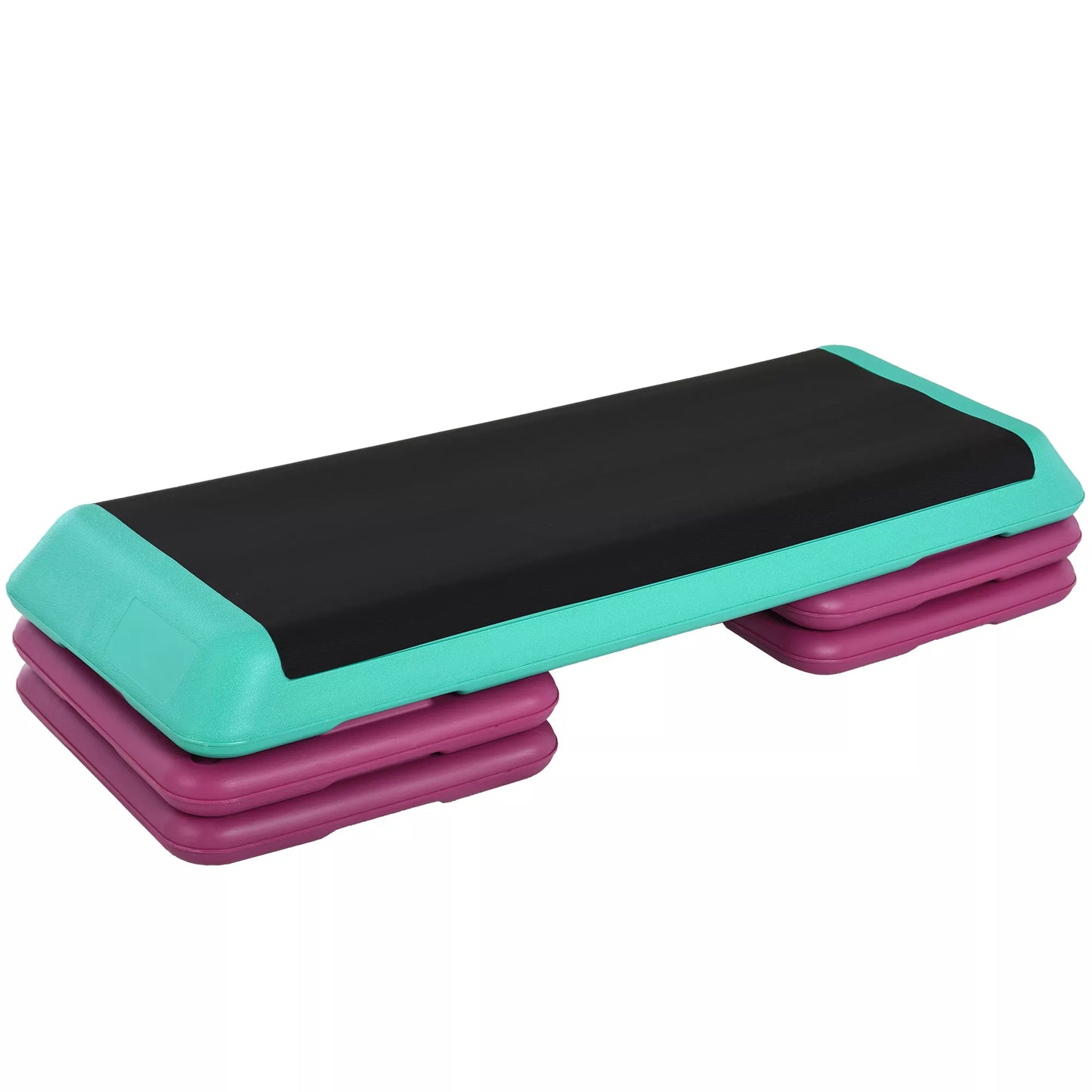 Aukščio reguliavimo fitneso stepperis, 3 pakopos (10/15/20 cm), neslystantis, skirtas namams, sporto salei, biurui. Plastikinis, juodos+žalios+violetinės spalvos