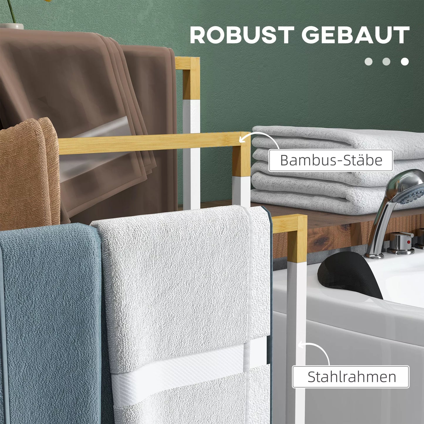 Rankšluosčių laikiklių rinkinys, 3 rankšluosčių strypai, pramoninio dizaino, bambukas, 45 x 22,5 x 86 cm, balta + natūrali