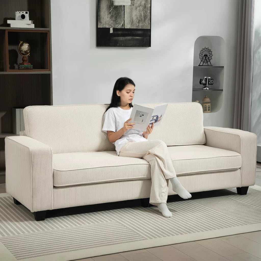 3 vietų sofa su velveto apmušalu, svetainės sofa su spyruokliniu pagrindu, iki 400 kg, 227 x 84 x 87 cm, kreminė balta
