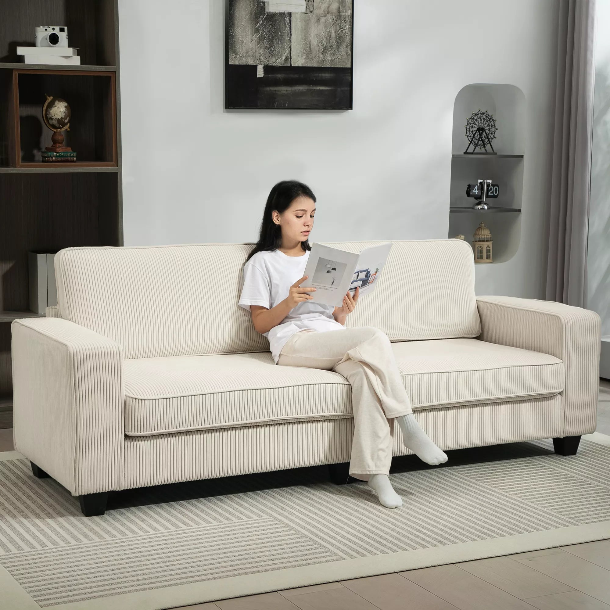 3 vietų sofa su velveto apmušalu, svetainės sofa su spyruokliniu pagrindu, iki 400 kg, 227 x 84 x 87 cm, kreminė balta