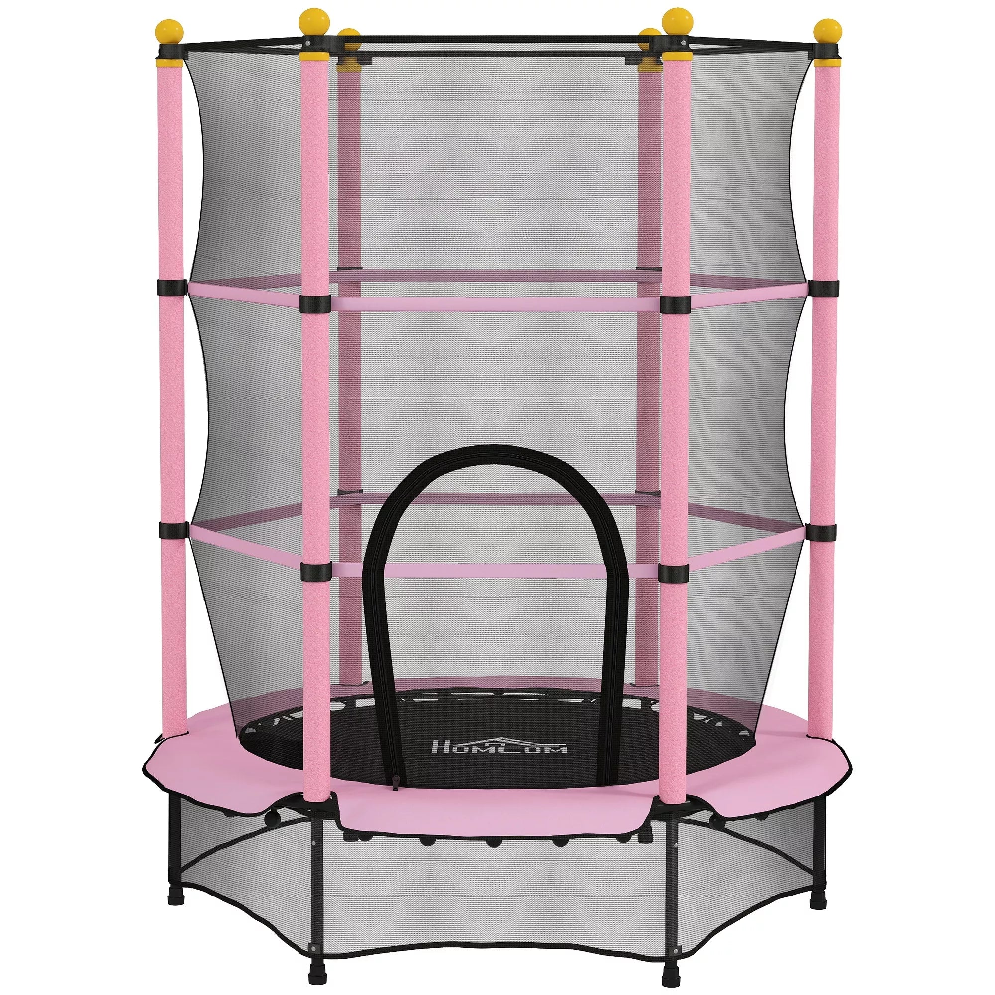 Vaikų batutas, skersmuo 140 cm, su apsauginiu tinklu, skirtas naudoti viduje ir lauke, pagamintas iš plieno ir plastiko, atlaiko iki 50 kg svorį, rožinis