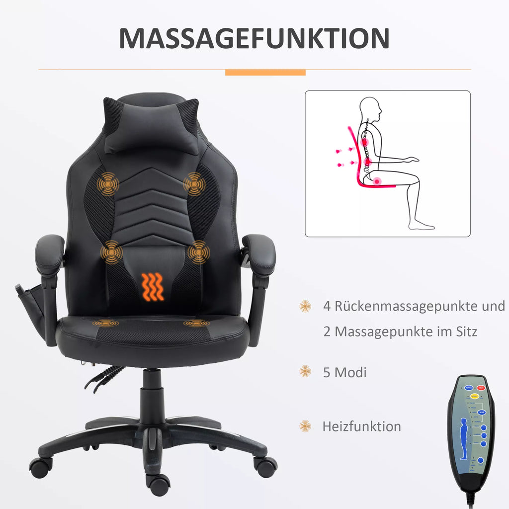 HOMCOM Biuro kėdė Masažinė kėdė su 6 vibracijos taškais Ergonomiška žaidimų kėdė su šildymo funkcija Dirbtinė oda Juoda 68 x 69 x 108-117cm