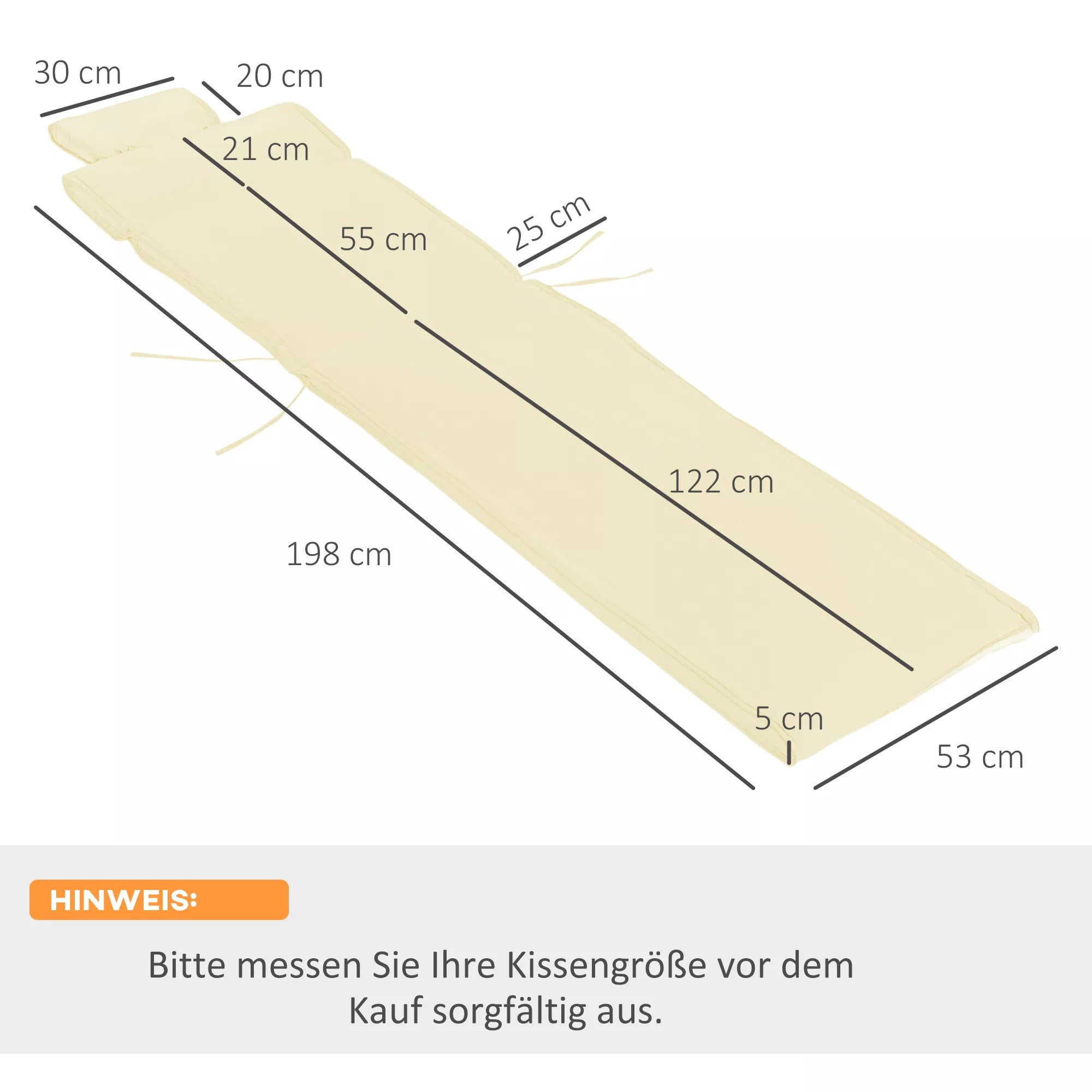 Schema su pagalvėlės matmenimis: 198 × 53 cm, storis 5 cm