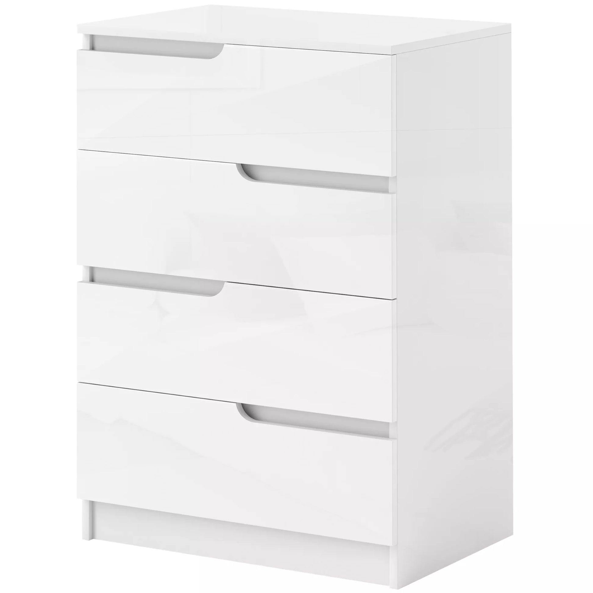 Šiuolaikiška komoda, spinta, 4 stalčiai, mediena, apsauga nuo apvirsties, kojų pagalvėlės, balta