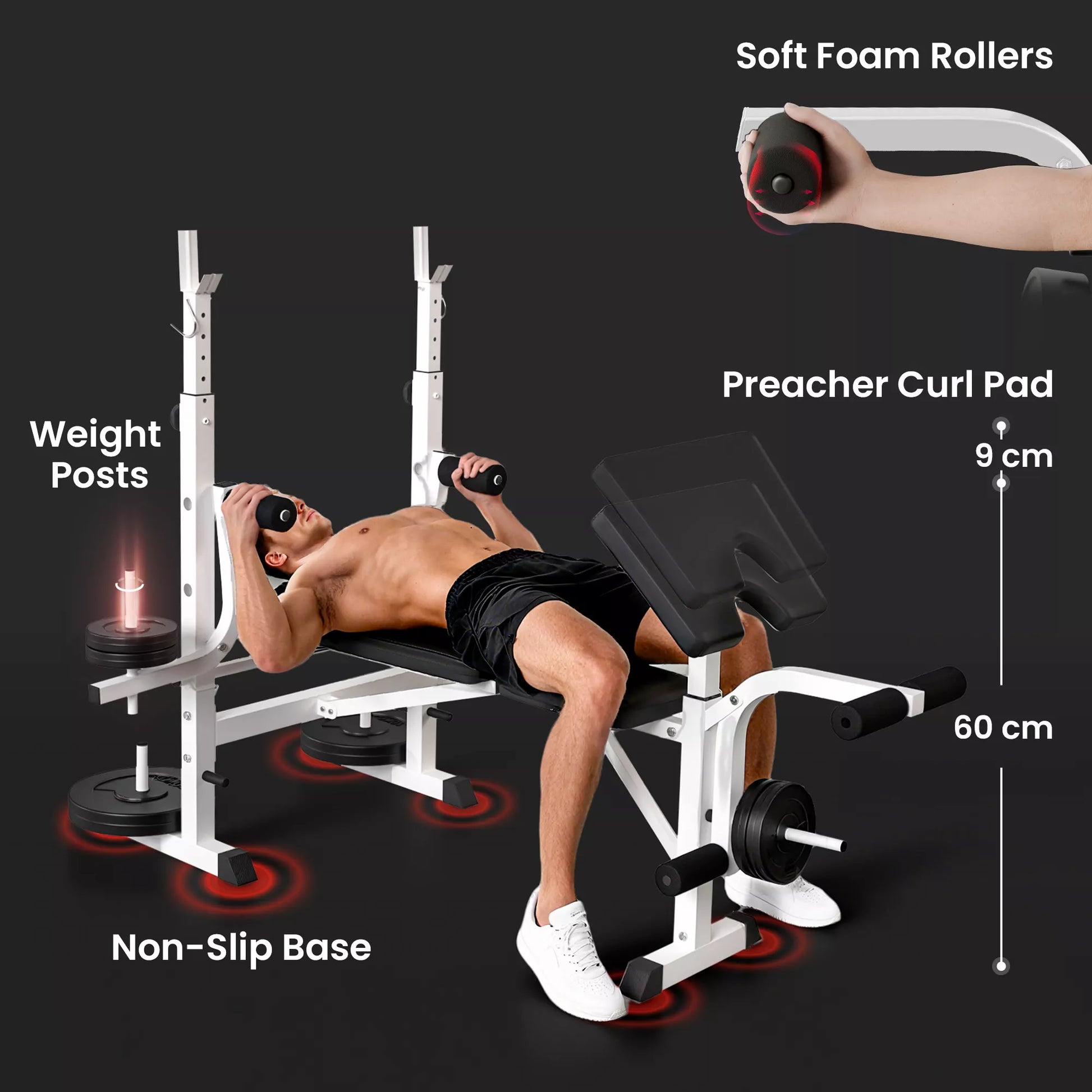 Hantelų suoliukas su hantelių laikikliu, krūtinės presas, kojų presas, atrama rankoms bicepsų lenkimui, plienas, juoda+balta