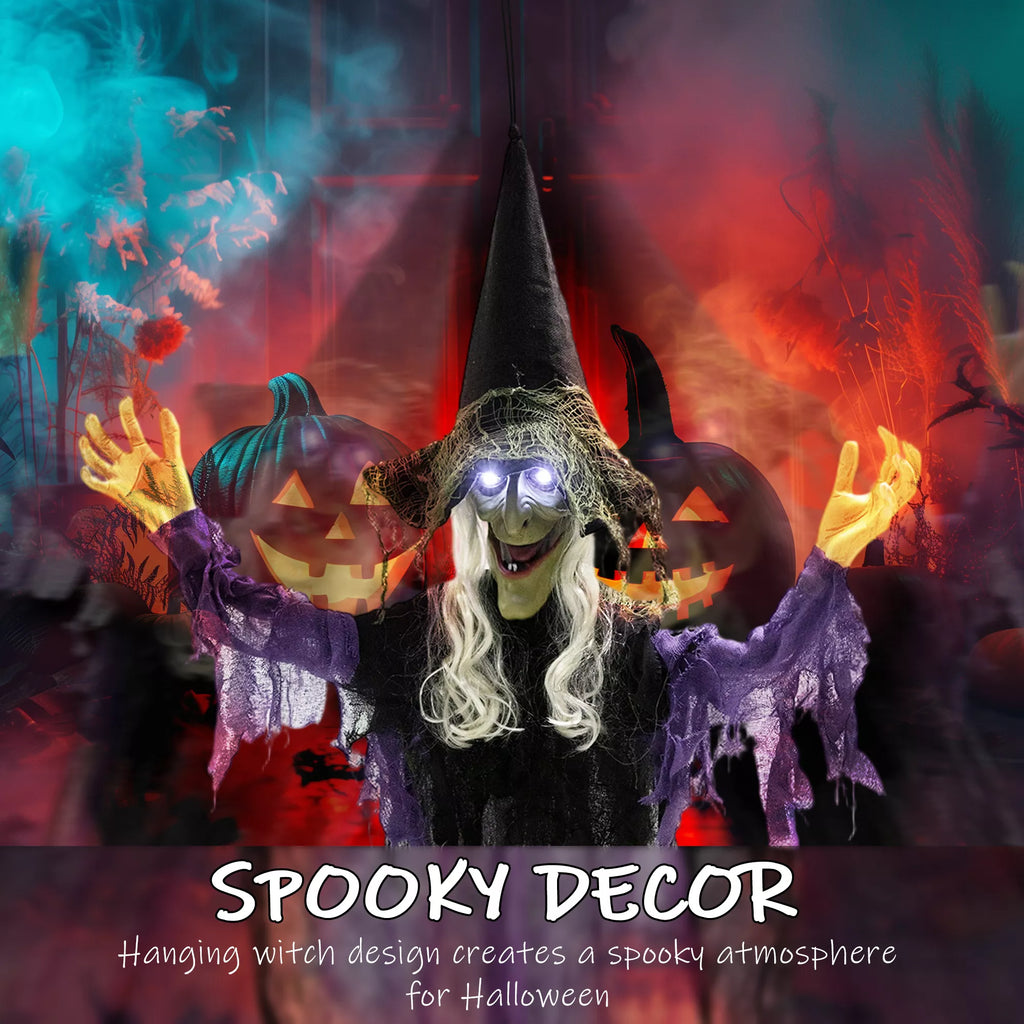 Helovino dekoracija, 183 cm, kabančioji ragana su LED šviesomis, garso funkcija ir lanksčiomis rankomis