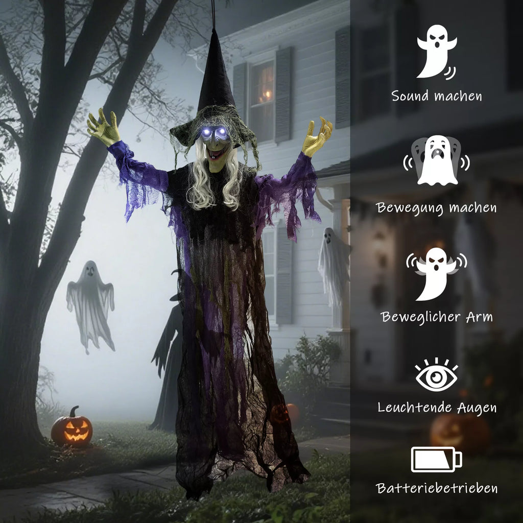 Helovino dekoracija, 183 cm, kabančioji ragana su LED šviesomis, garso funkcija ir lanksčiomis rankomis