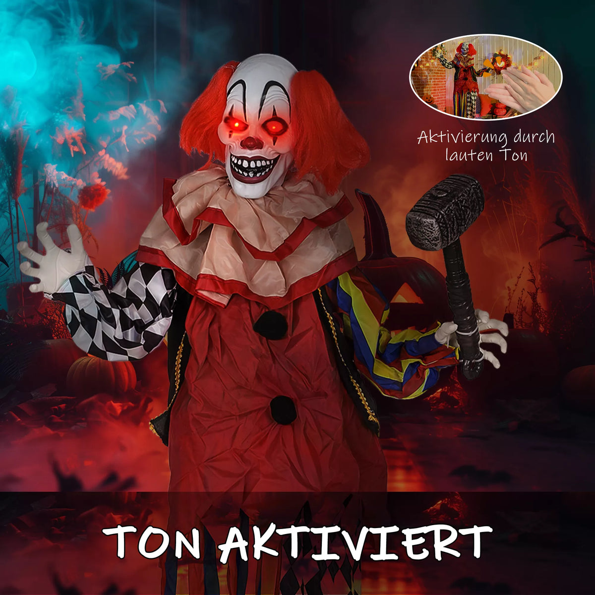 Helovino dekoracija – animatroninis klounas, 173 cm, šviečiančios akys