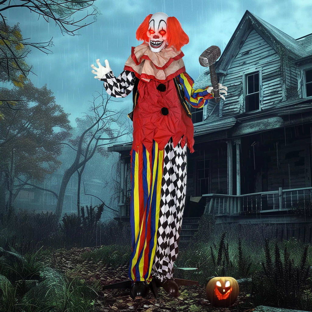 Helovino dekoracija – animatroninis klounas, 173 cm, šviečiančios akys