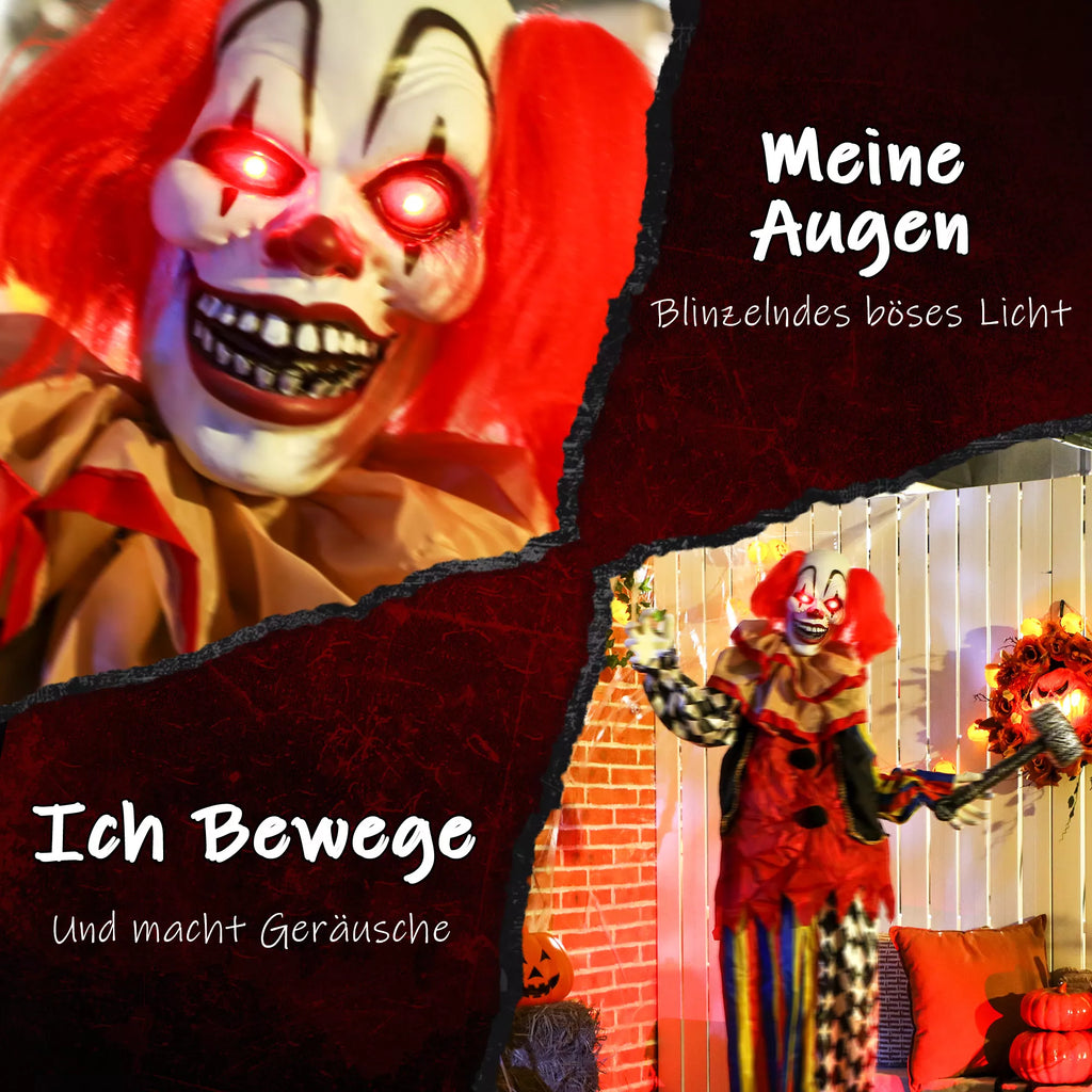 Helovino dekoracija – animatroninis klounas, 173 cm, šviečiančios akys