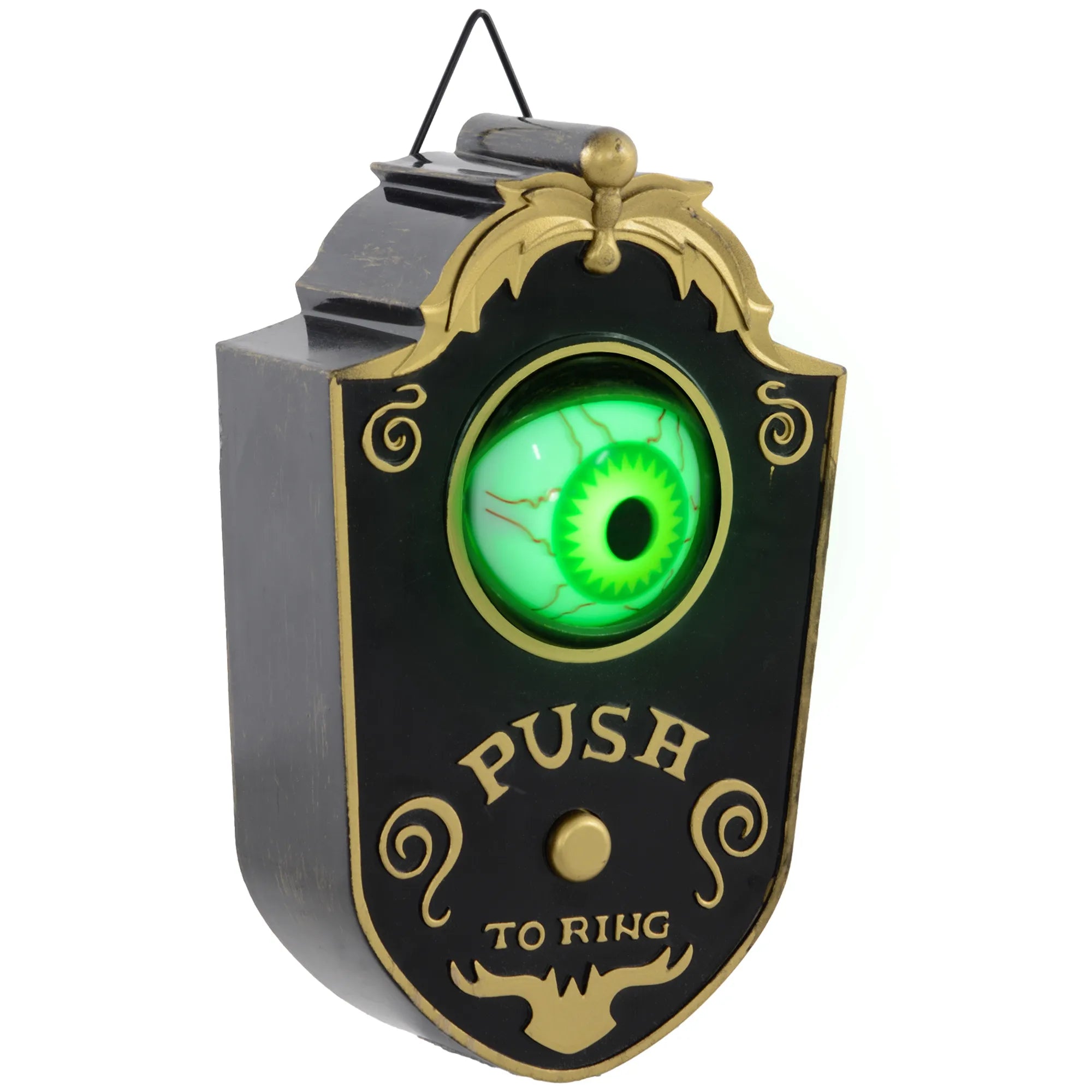 Helovino dekoracija, durų skambutis su siaubo akimi, garsas ir jutiklis, judantis, žalia šviesa