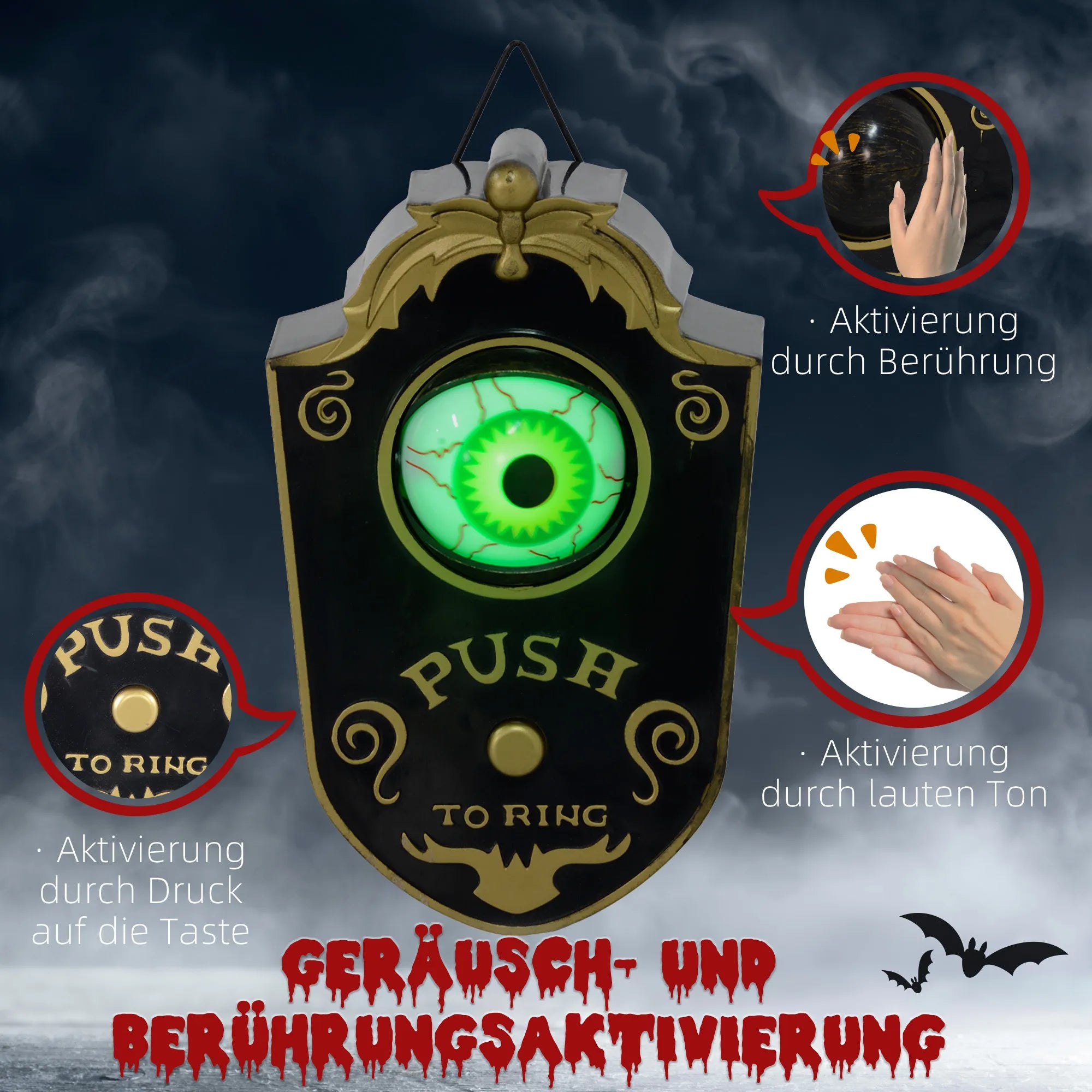 Helovino dekoracija, durų skambutis su siaubo akimi, garsas ir jutiklis, judantis, žalia šviesa