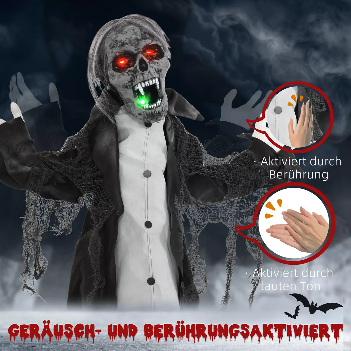 Helovino dekoracija – judantis skeletas / zombis, su judesio jutikliu, LED ir garsu, 75 cm