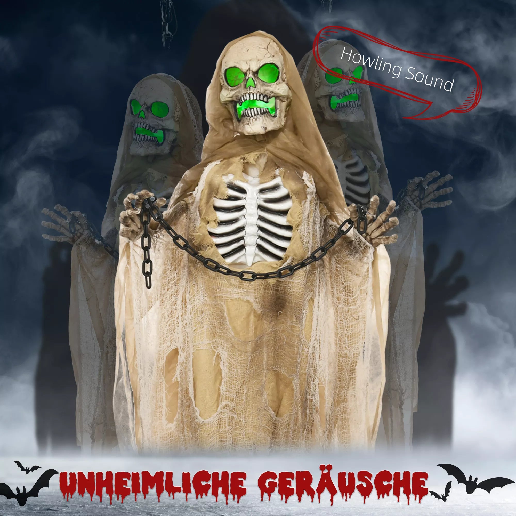 Helovino dekoracija, kabantis skeletas, 183 cm, šviečiantis, su garsais