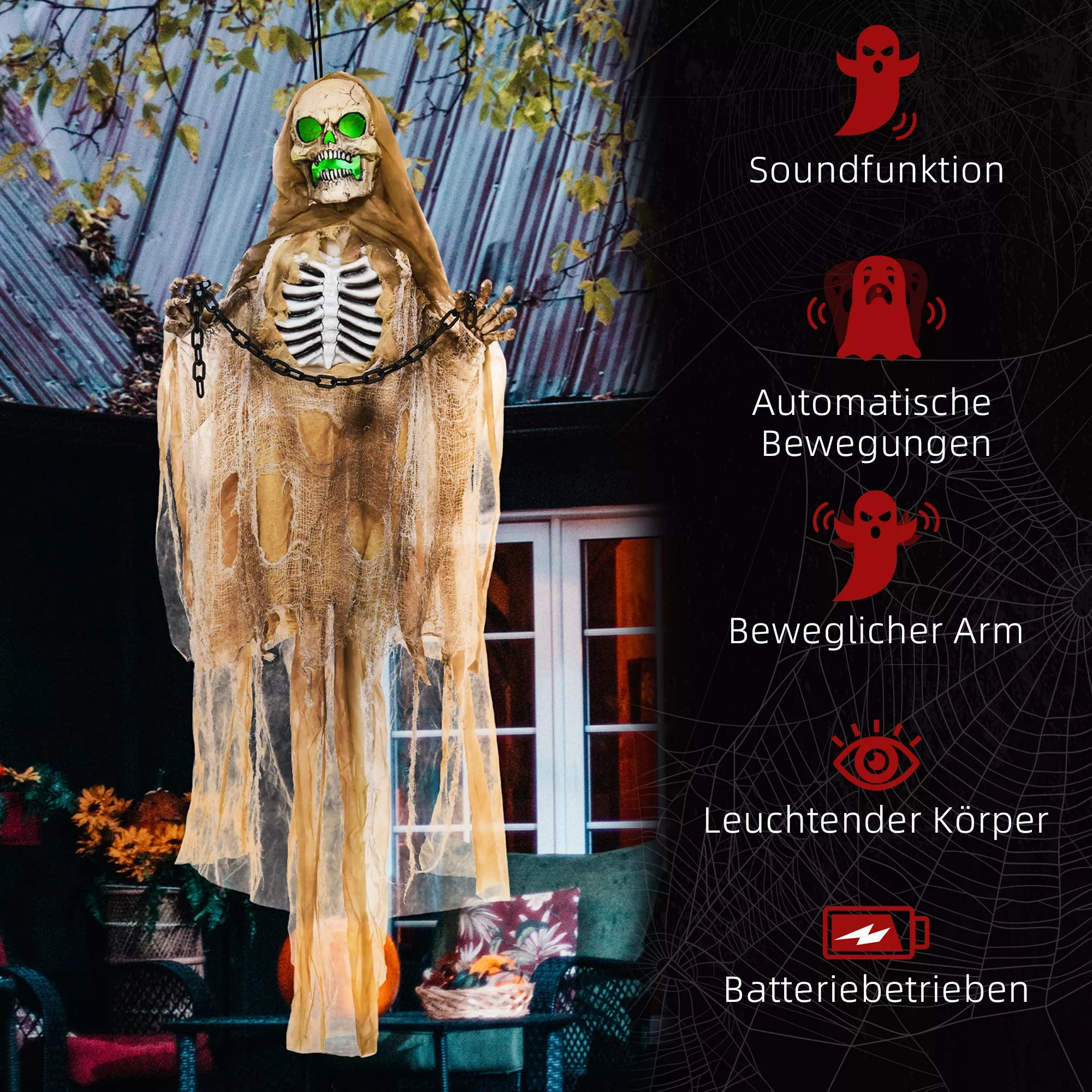 Helovino dekoracija, kabantis skeletas, 183 cm, šviečiantis, su garsais