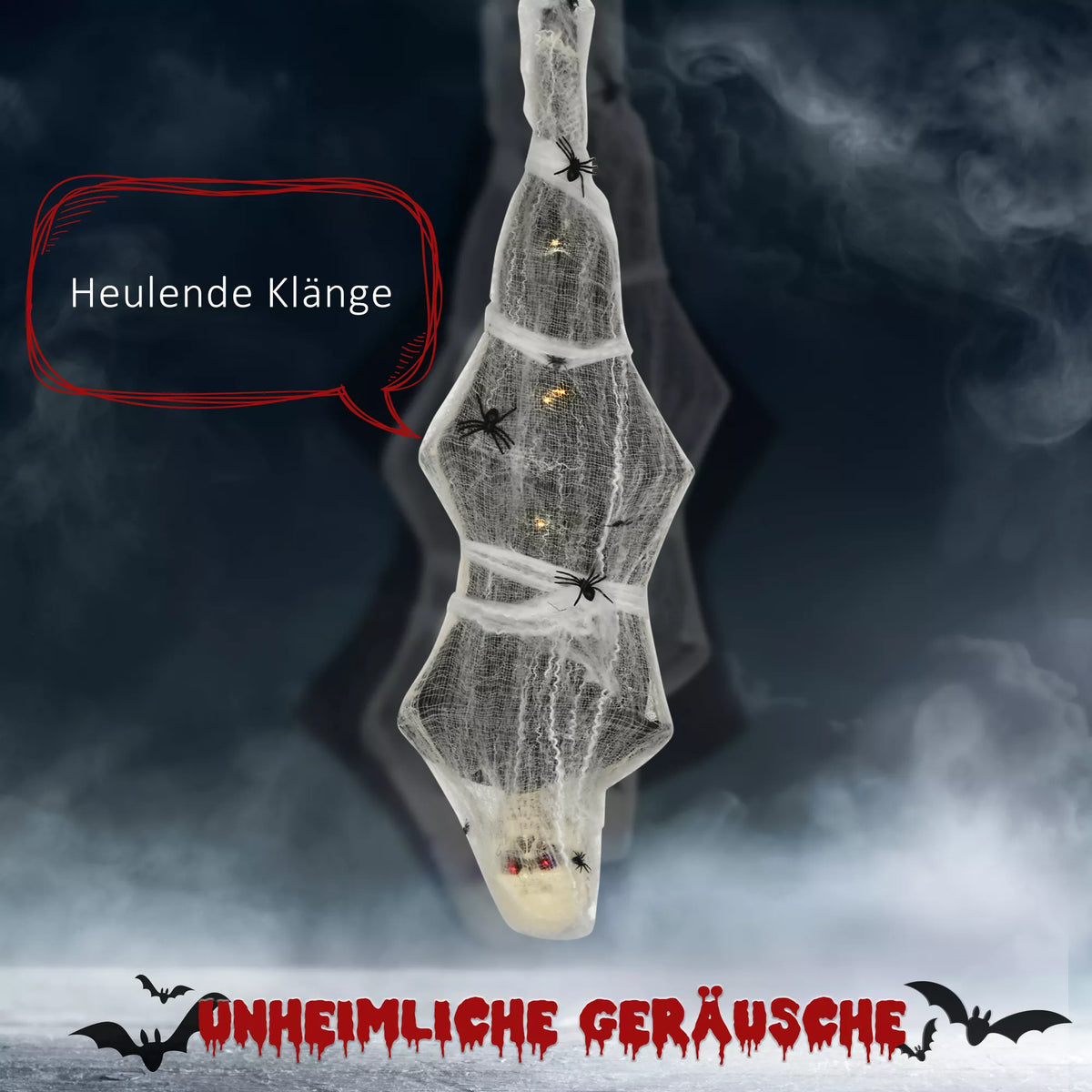 Helovino dekoracija – mumija su garsu, judesio jutikliu ir LED, 60 × 16 × 170 cm