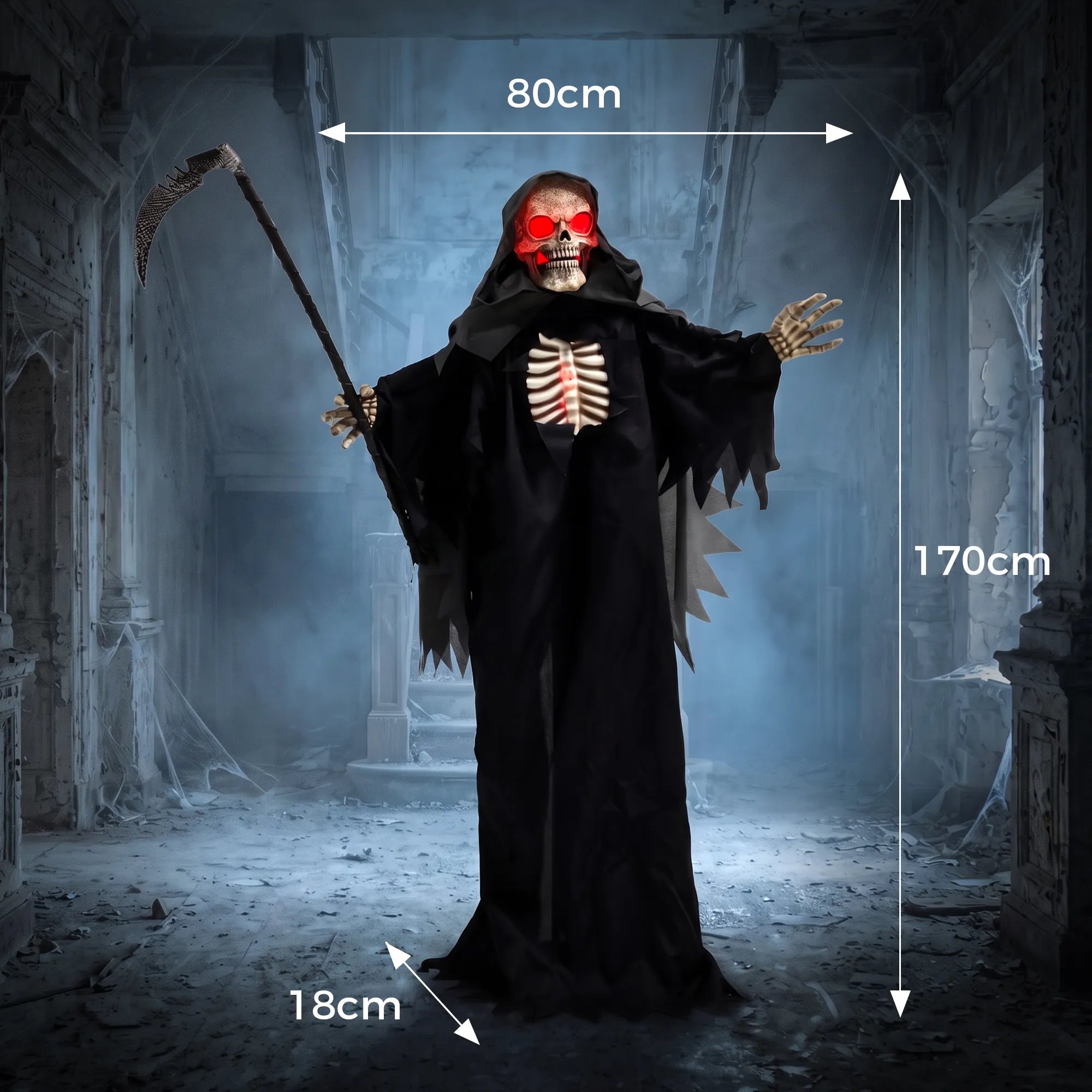 Helovino dekoracija „Sensenmann“, 170 cm, su garsu, judesiu ir LED efektais