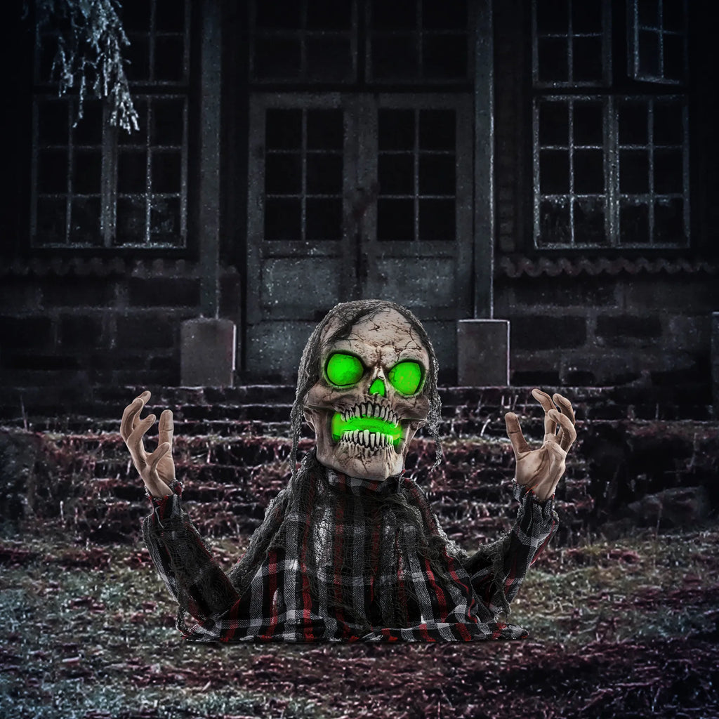 Helovino dekoracija – skeletas, lankstomos rankos, šviečiančios akys