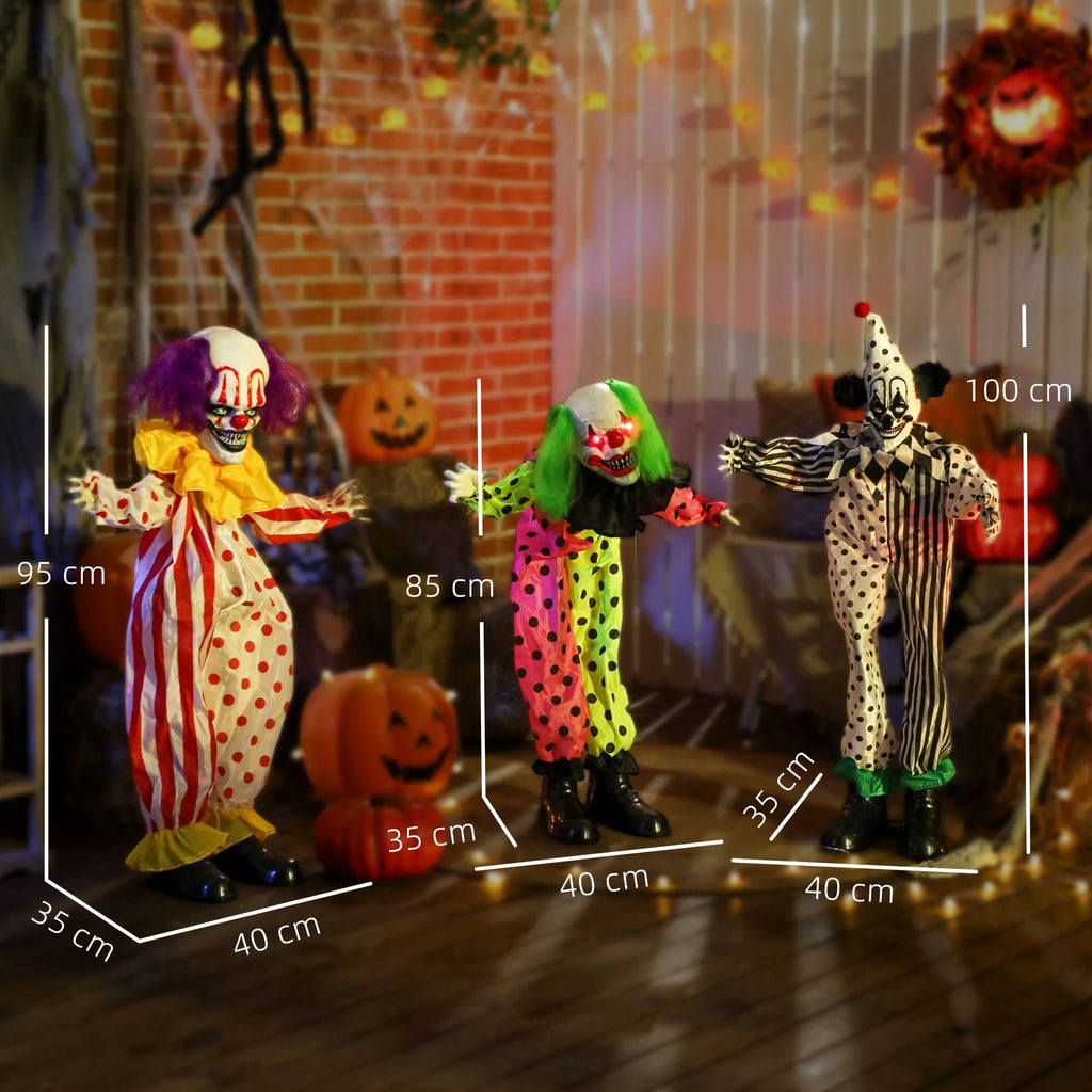 Helovino dekoracija – sukraunami animatroniniai klounai, raudonai švytinčiomis akimis