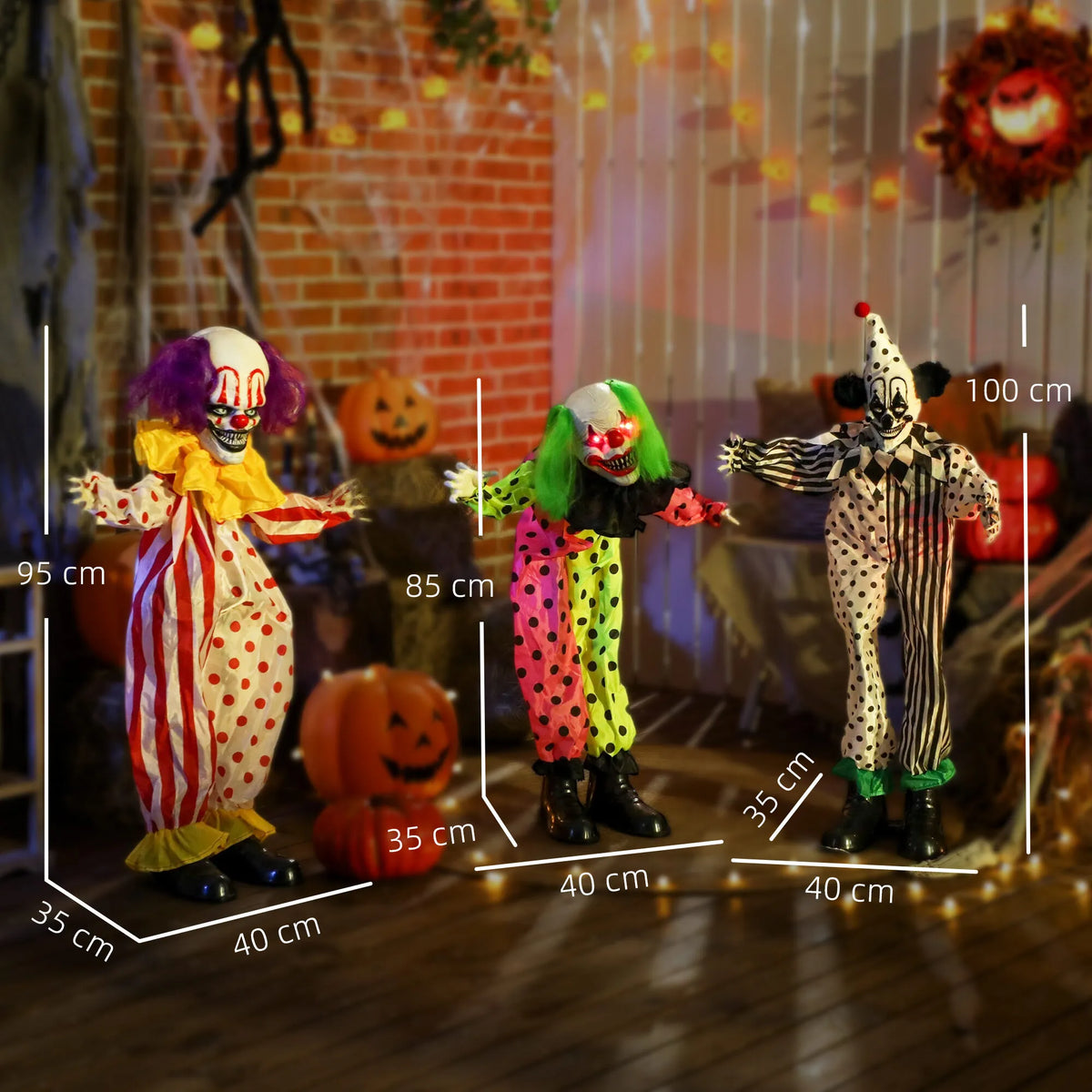 Helovino dekoracija – sukraunami animatroniniai klounai, raudonai švytinčiomis akimis